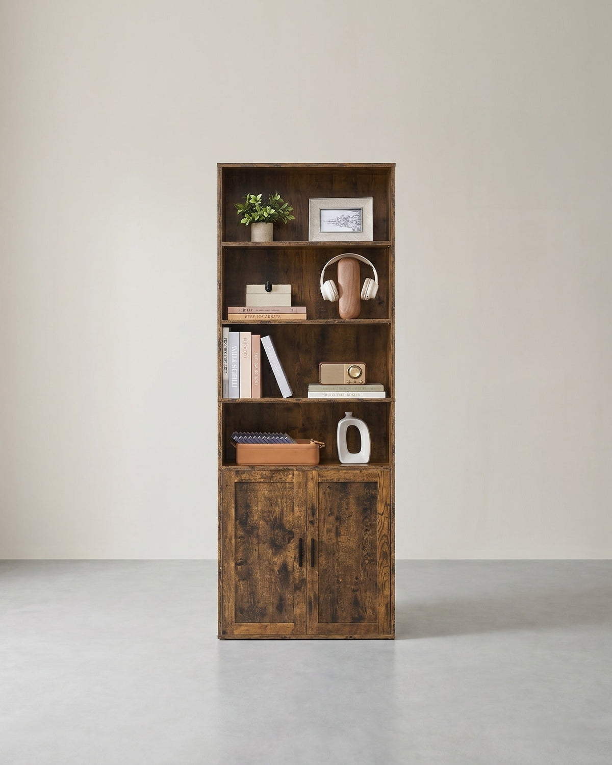 Bücherregal mit Schrank und offenen Fächern – Schmaler Aufbewahrungsschrank – Verstellbare Einlegeböden – MDF & Spanplatte