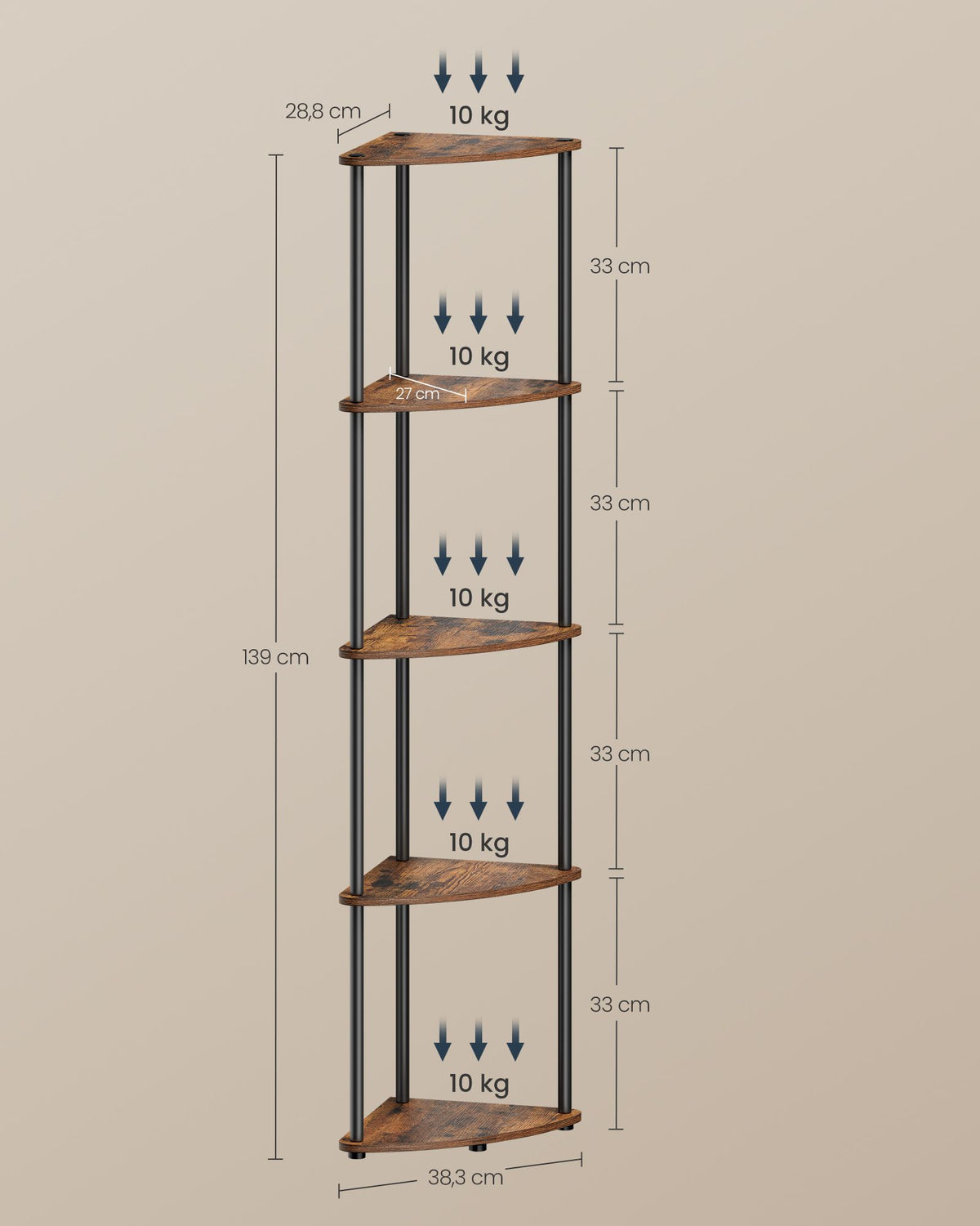 Regal – Eckregal – 5 Ebenen – Spanplatte und Stahl – 38,3 x 27 x 139 cm – Maximale Belastbarkeit 50 kg