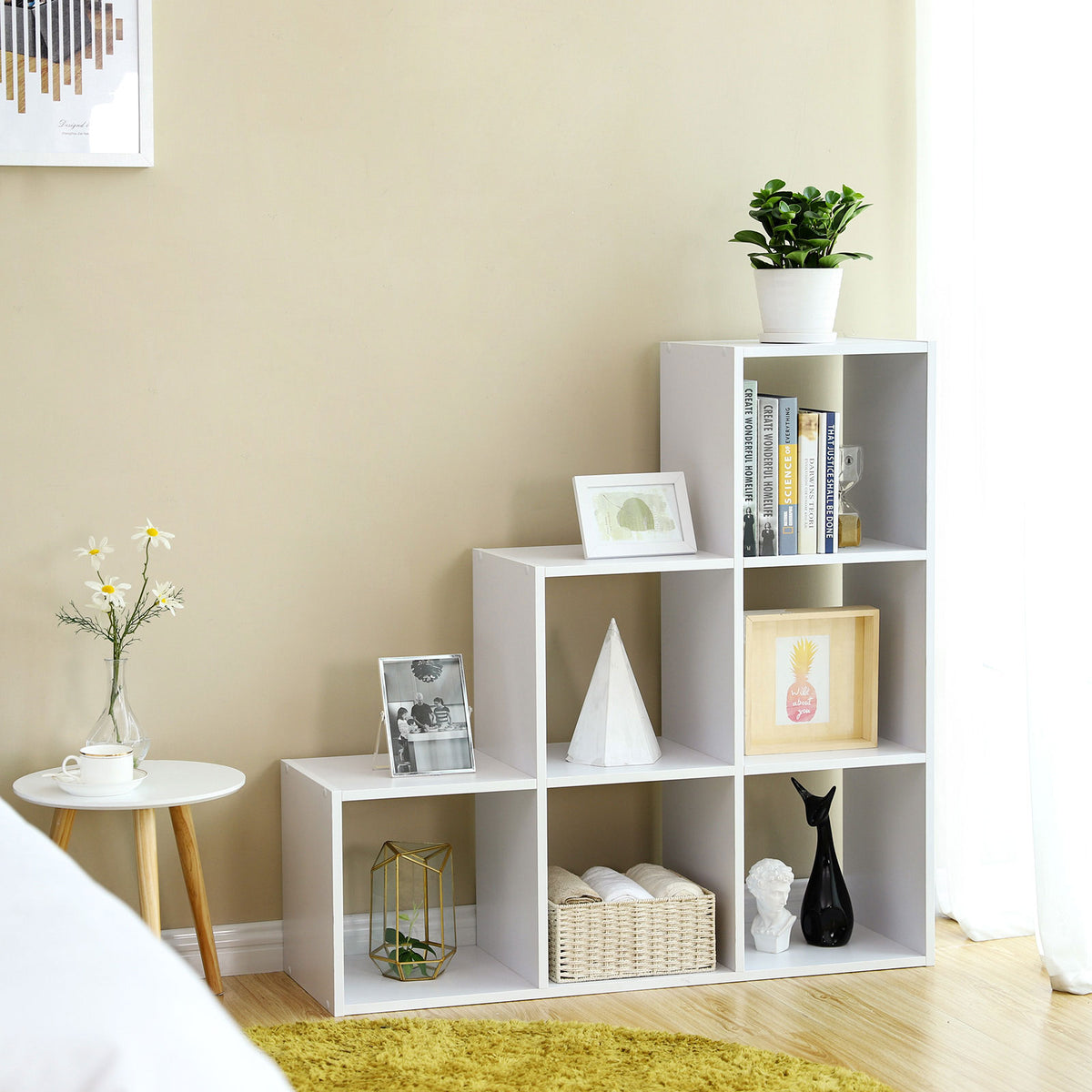 Bücherregal mit 10 Fächern – Raumteiler – Aufbewahrungsschrank – 129,5 x 29 x 129,5 cm – Weiß