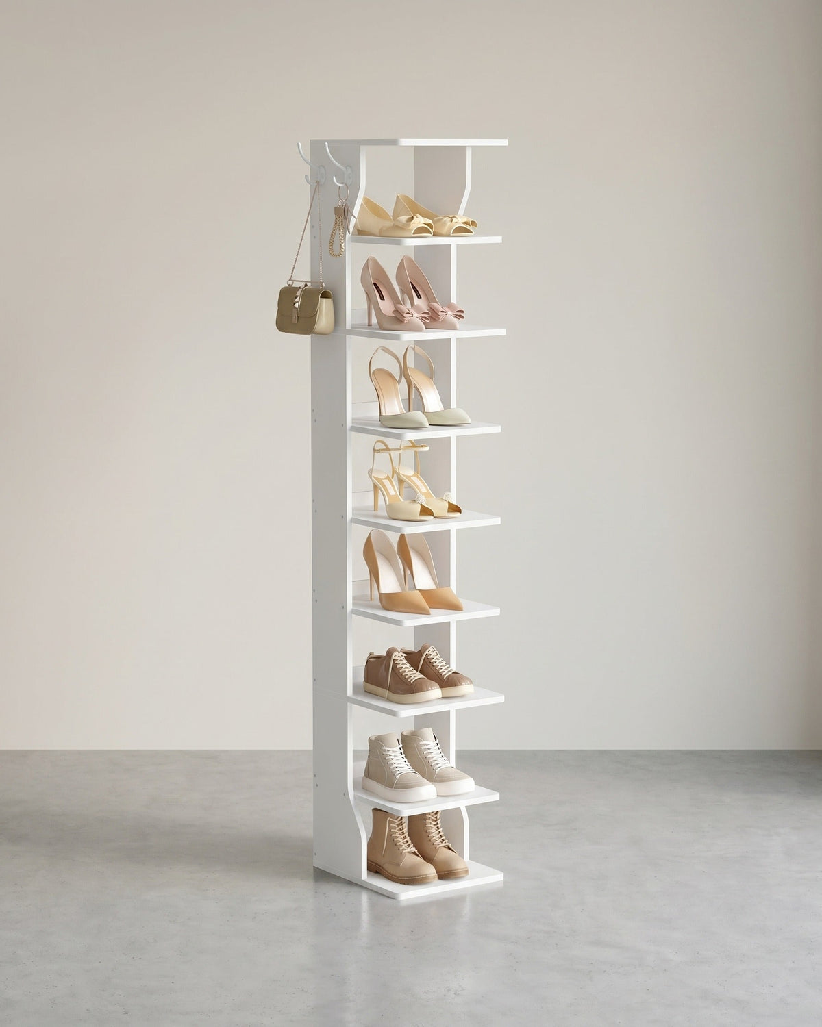 Schmale Schuhablage – 9 Ebenen – Mit Haken – Kompaktes Design – 147 cm hoch – Für Flur oder Schlafzimmer