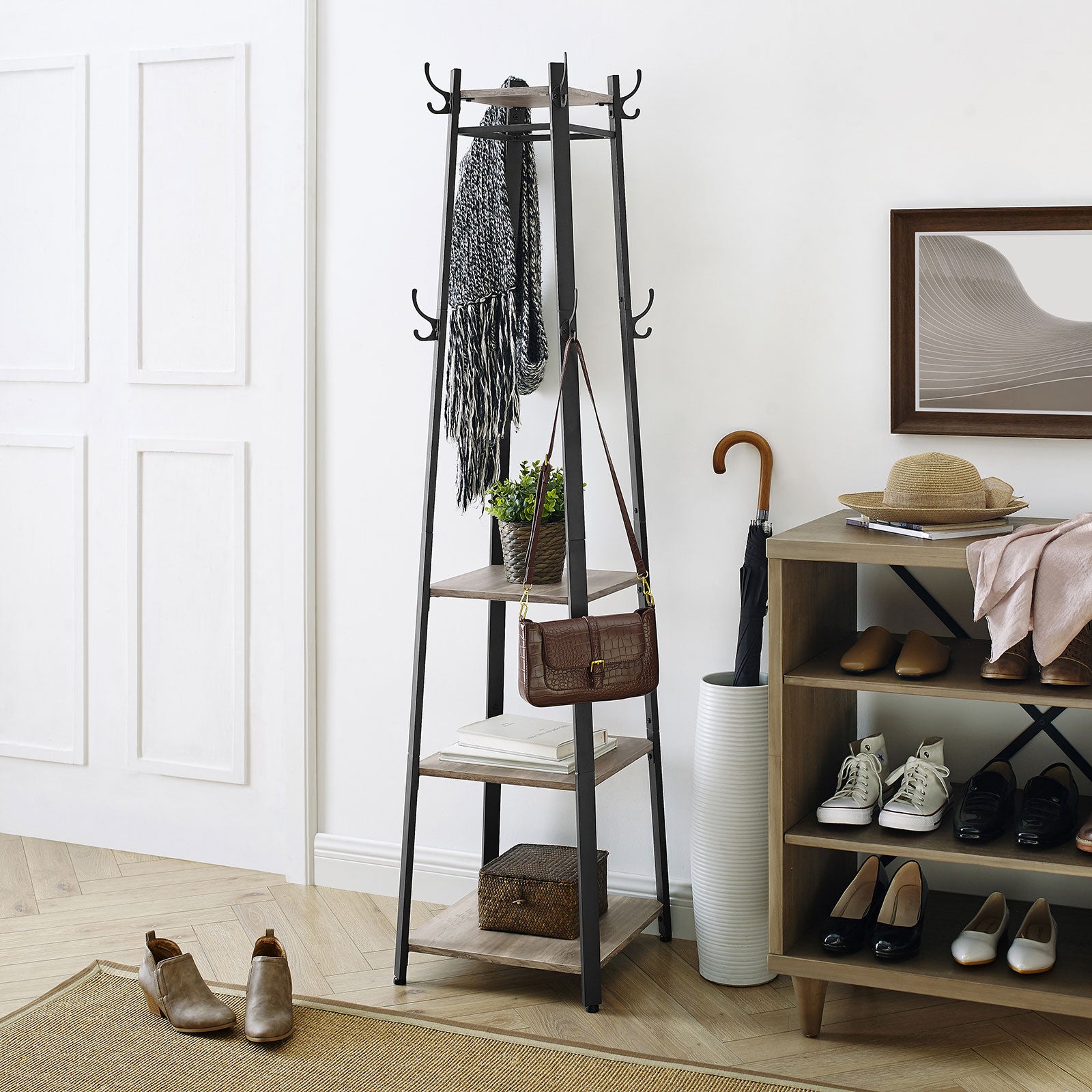 Garderobenständer – Vintage-Garderobe – mit Ablagen, Haken und Kleiderstange – stabil