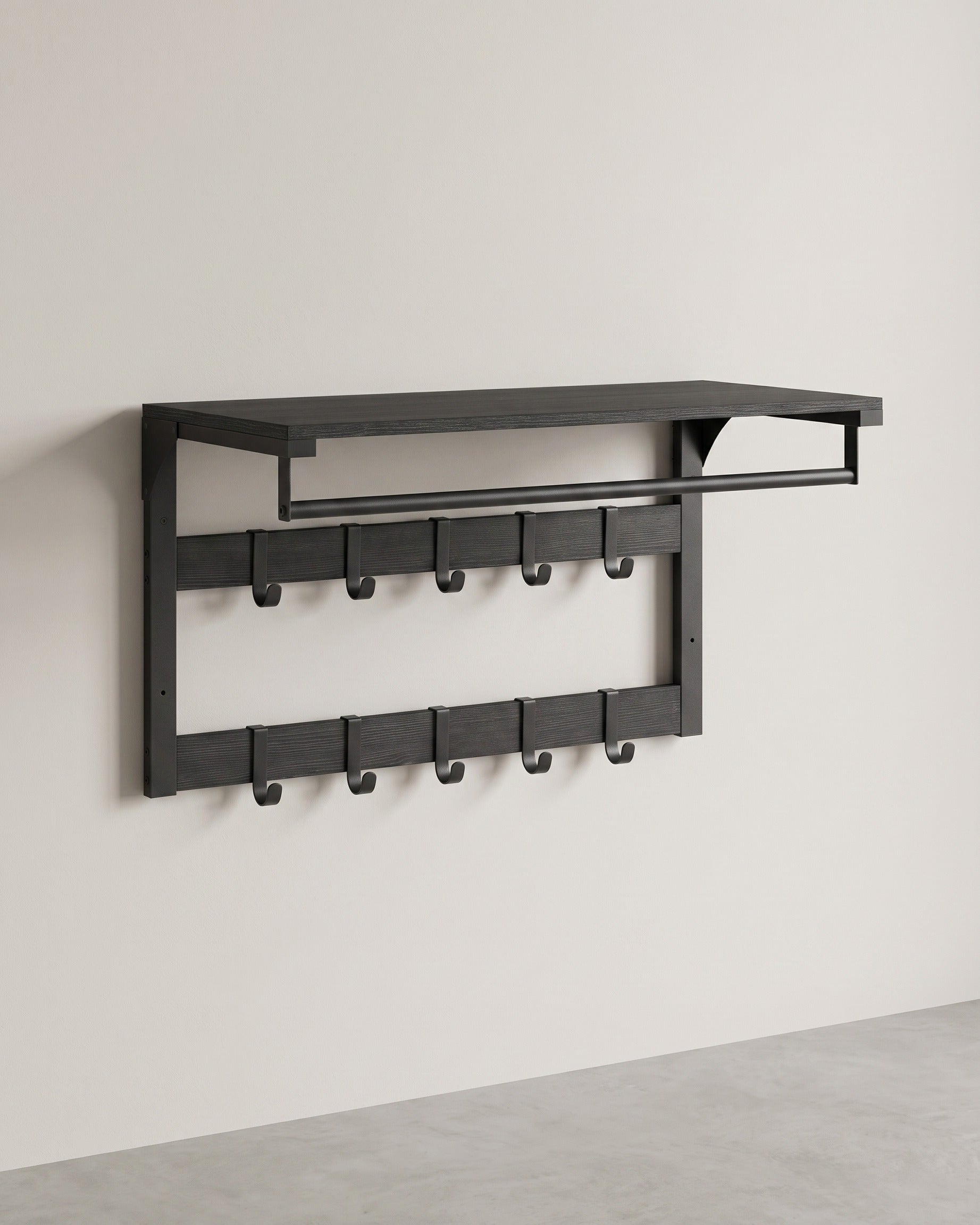 Wandgarderobe – Industriedesign – Mit Ablage, Kleiderstange und 10 Haken – Platzsparende Wandgarderobe