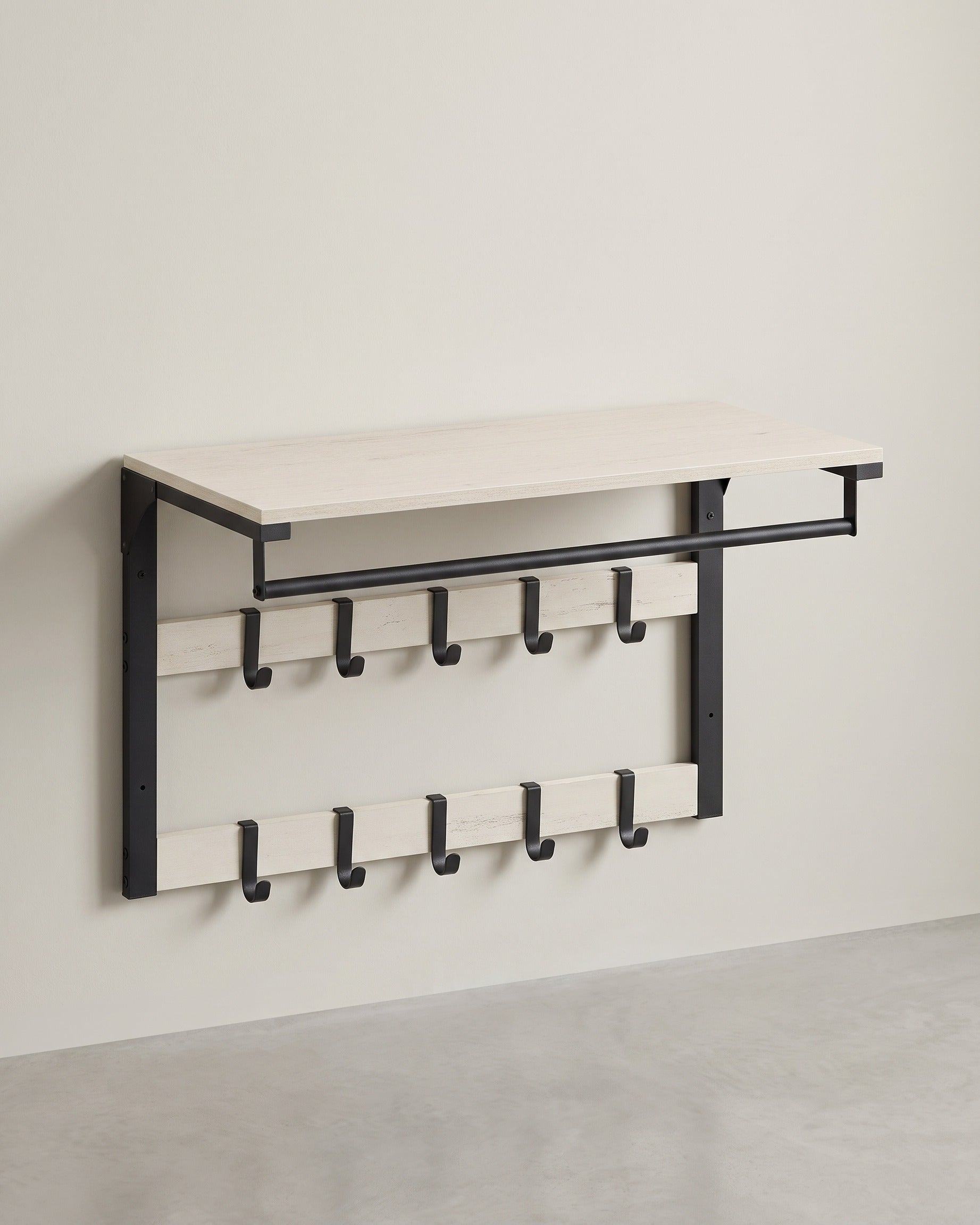 Wandgarderobe – Industriedesign – Mit Ablage, Kleiderstange und 10 Haken – Platzsparende Wandgarderobe