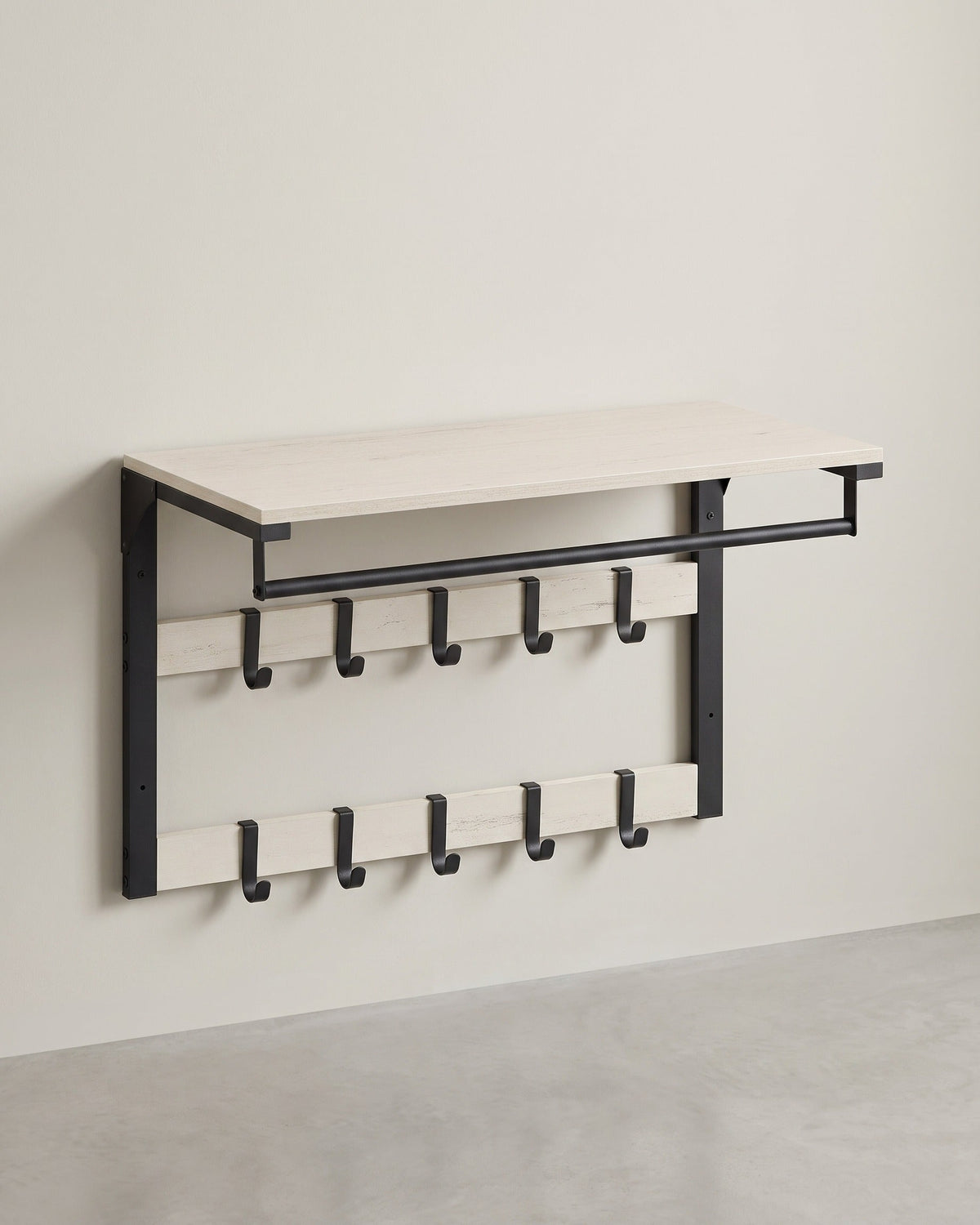 Wandgarderobe – Industriedesign – Mit Ablage, Kleiderstange und 10 Haken – Platzsparende Wandgarderobe