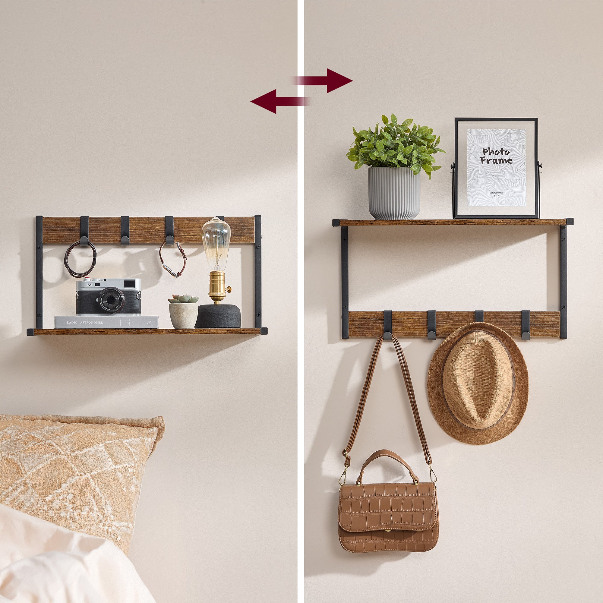 2er Set Wandregale - Schweberegale - 24 cm tief - mit Haken - für Wohnzimmer, Küche, Bad oder Schlafzimmer - Gesamttragkraft 35 kg