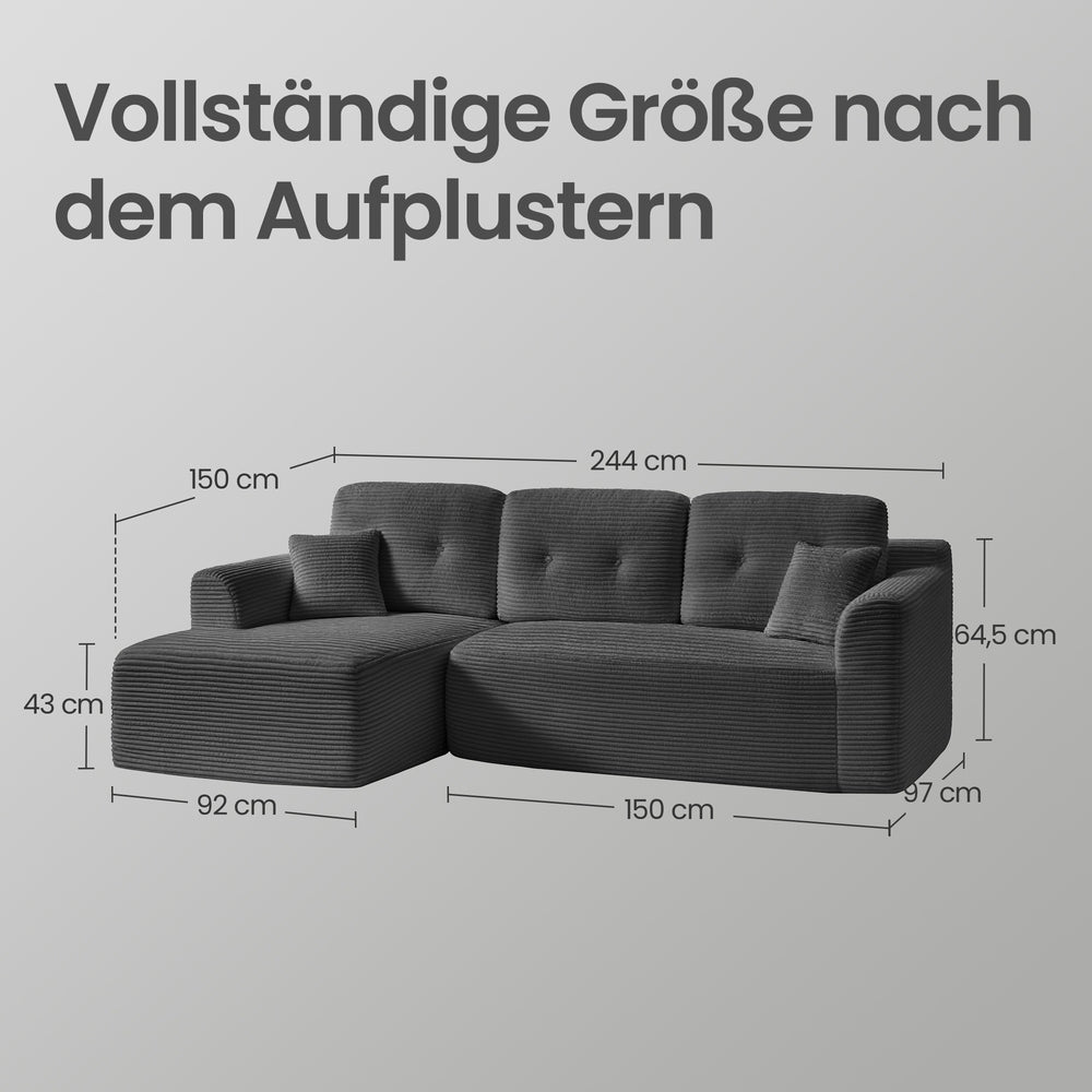 Modulares Ecksofa mit Chaiselongue – Schlafsofa – Cordstoff – Keine Montage erforderlich – Links oder Rechts