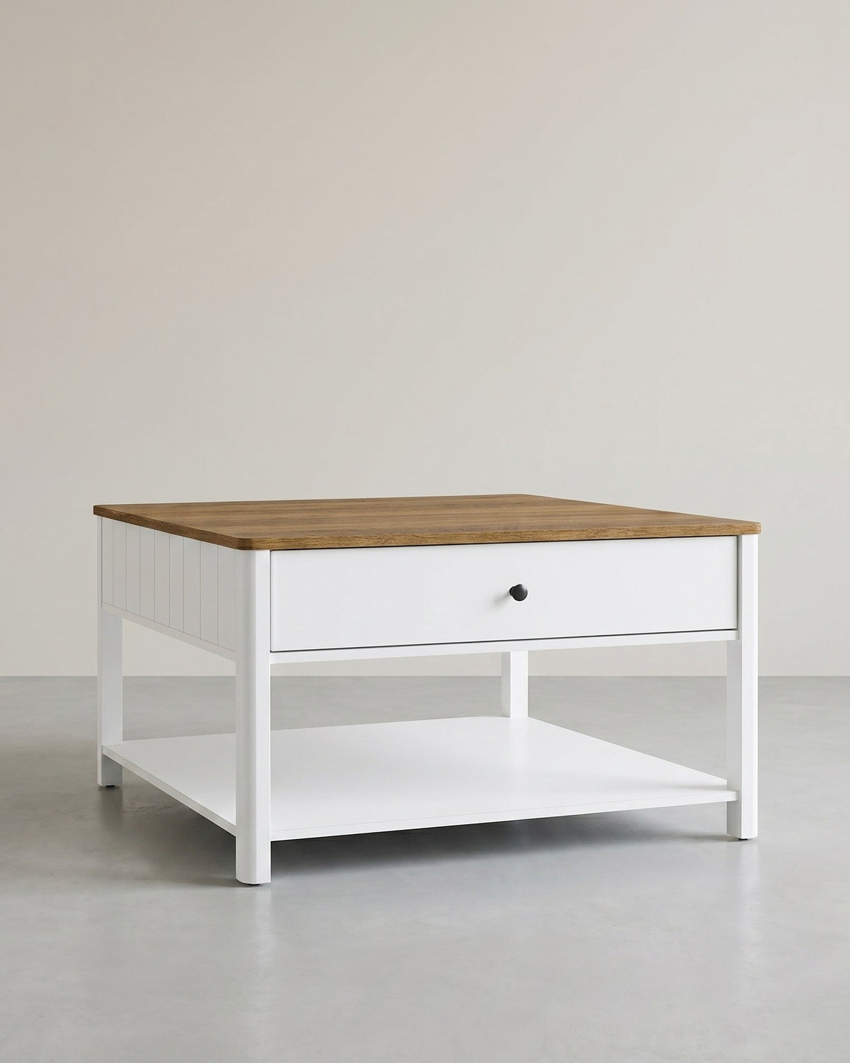 Couchtisch mit Schublade - Braune Tischplatte - Weißes Gestell - Kaffeetisch - 80 x 80 cm