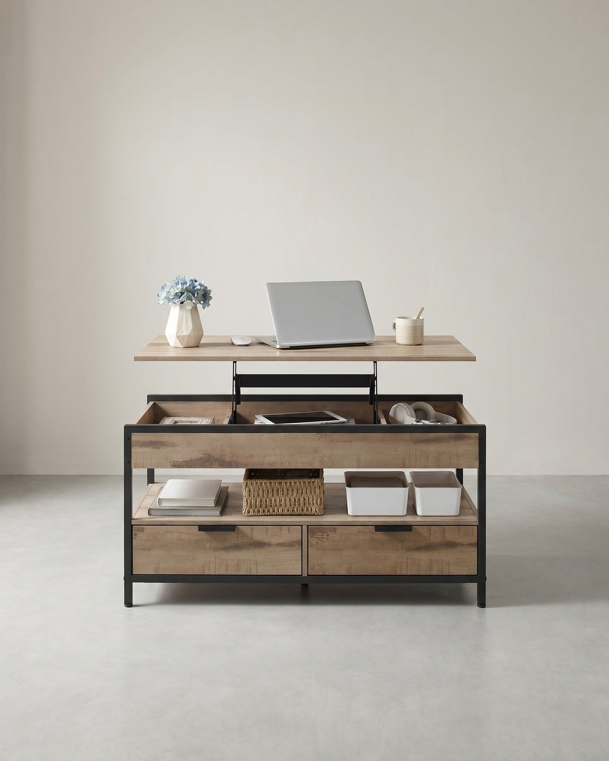Couchtisch mit verstellbarer Tischplatte – Industriedesign – 100 cm breit – mit Stauraum