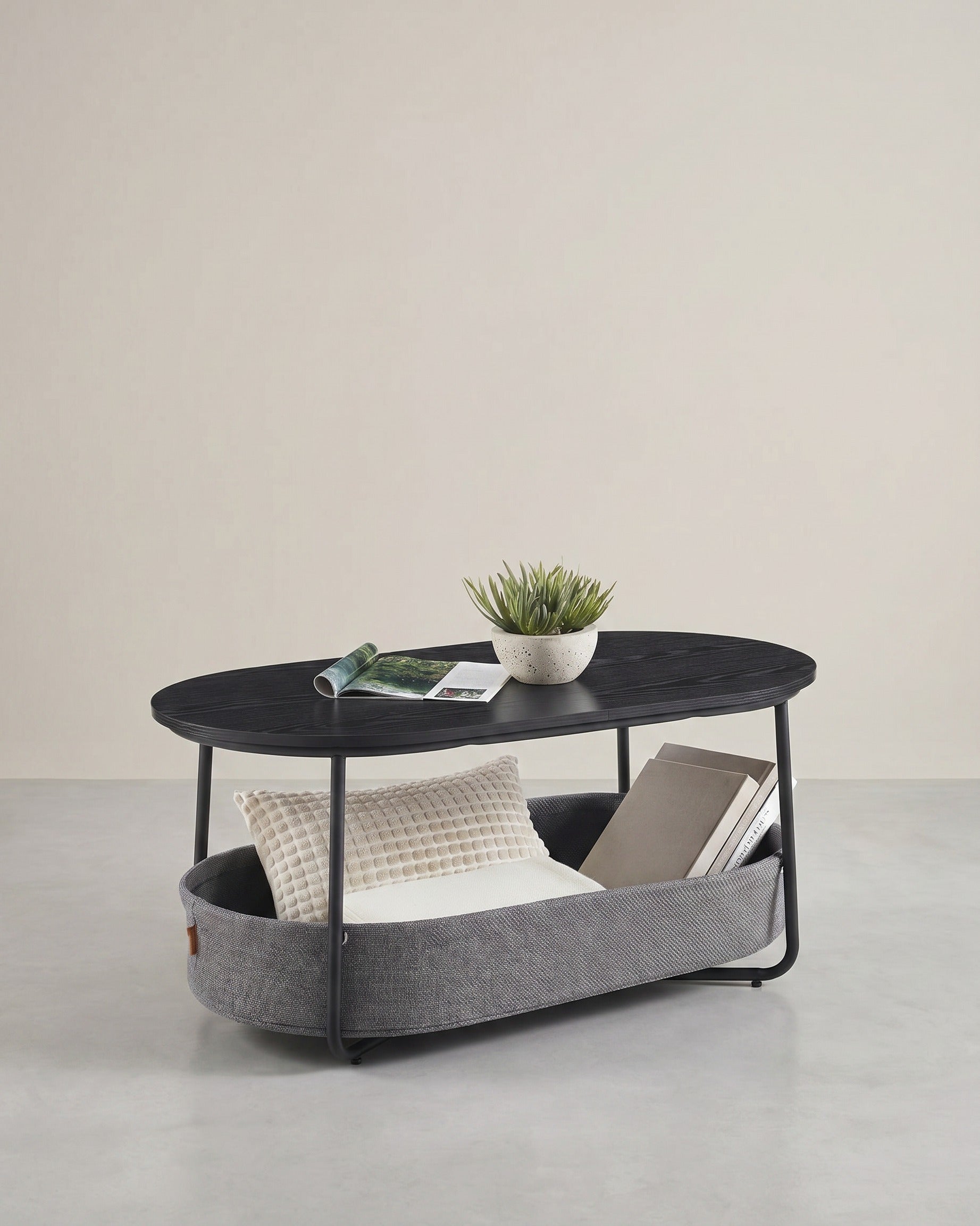 Couchtisch – Oval – Stauraum – Stahl und Spanplatte