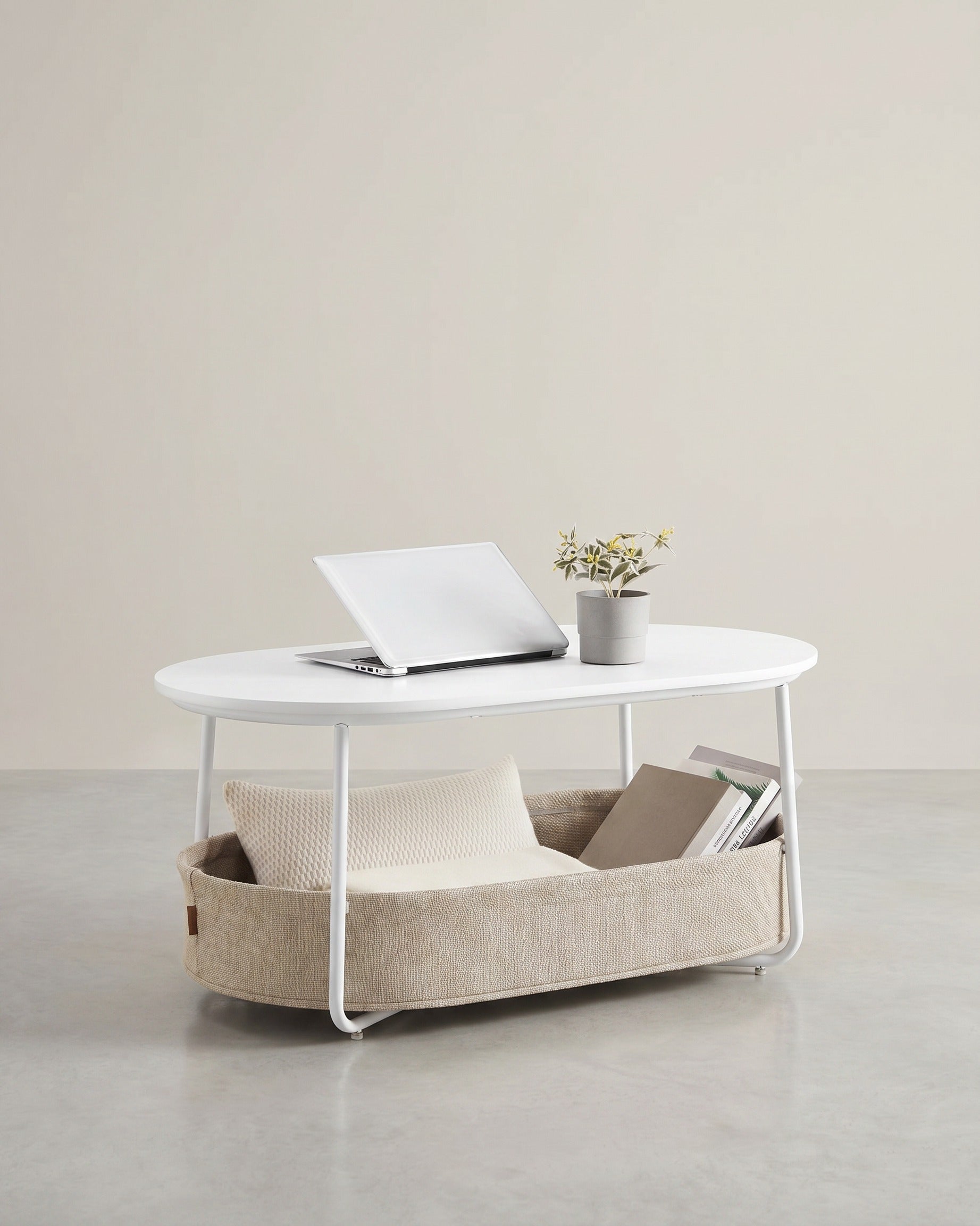 Couchtisch – Oval – Stauraum – Stahl und Spanplatte