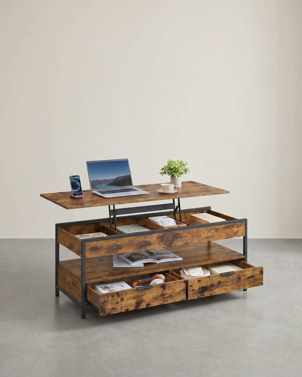 Verstellbarer Couchtisch im Industriestil mit anhebbarer Platte – 120 x 50 cm – Mit Schubladen und verstecktem Stauraum