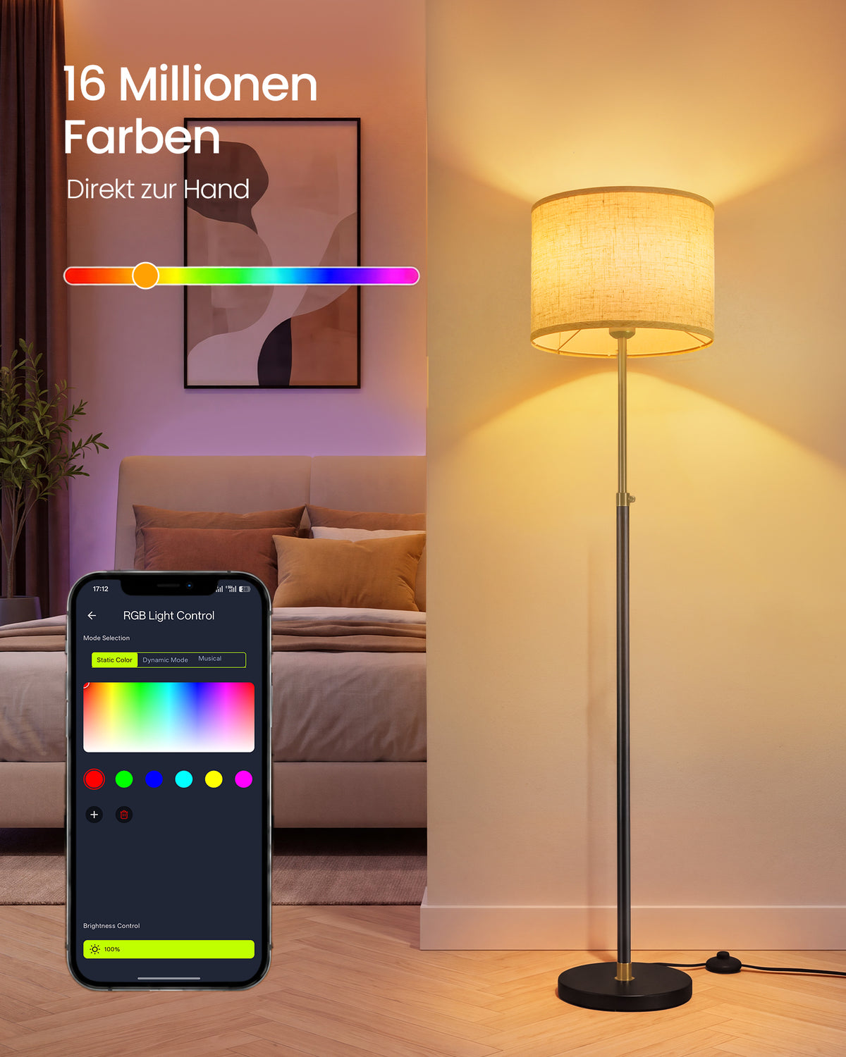 Stehlampe mit Stoffschirm – Höhenverstellbar – Inkl. LED-Leuchtmittel – Gold-Schwarz