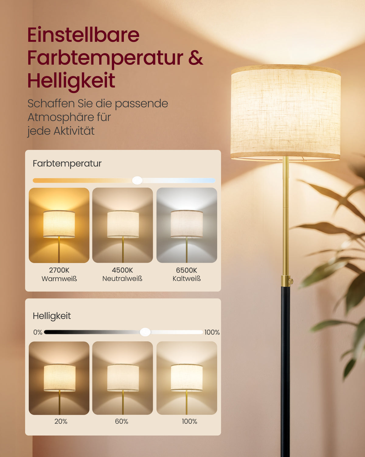 Stehlampe mit Stoffschirm – Höhenverstellbar – Inkl. LED-Leuchtmittel – Gold-Schwarz