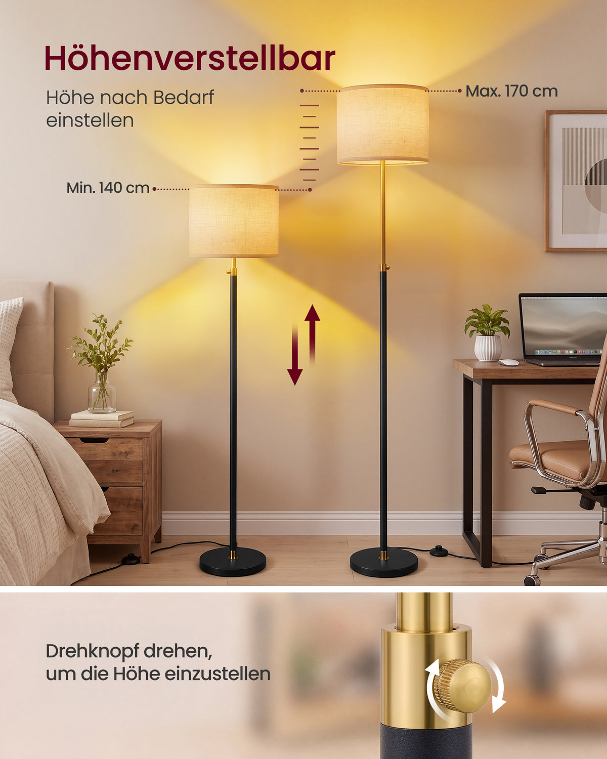Stehlampe mit Stoffschirm – Höhenverstellbar – Inkl. LED-Leuchtmittel – Gold-Schwarz