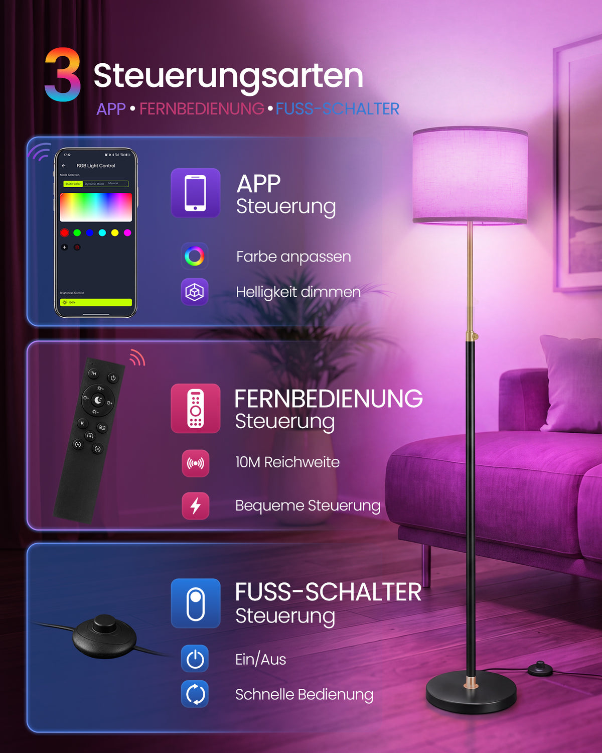 Stehlampe mit Stoffschirm – Höhenverstellbar – Inkl. LED-Leuchtmittel – Gold-Schwarz