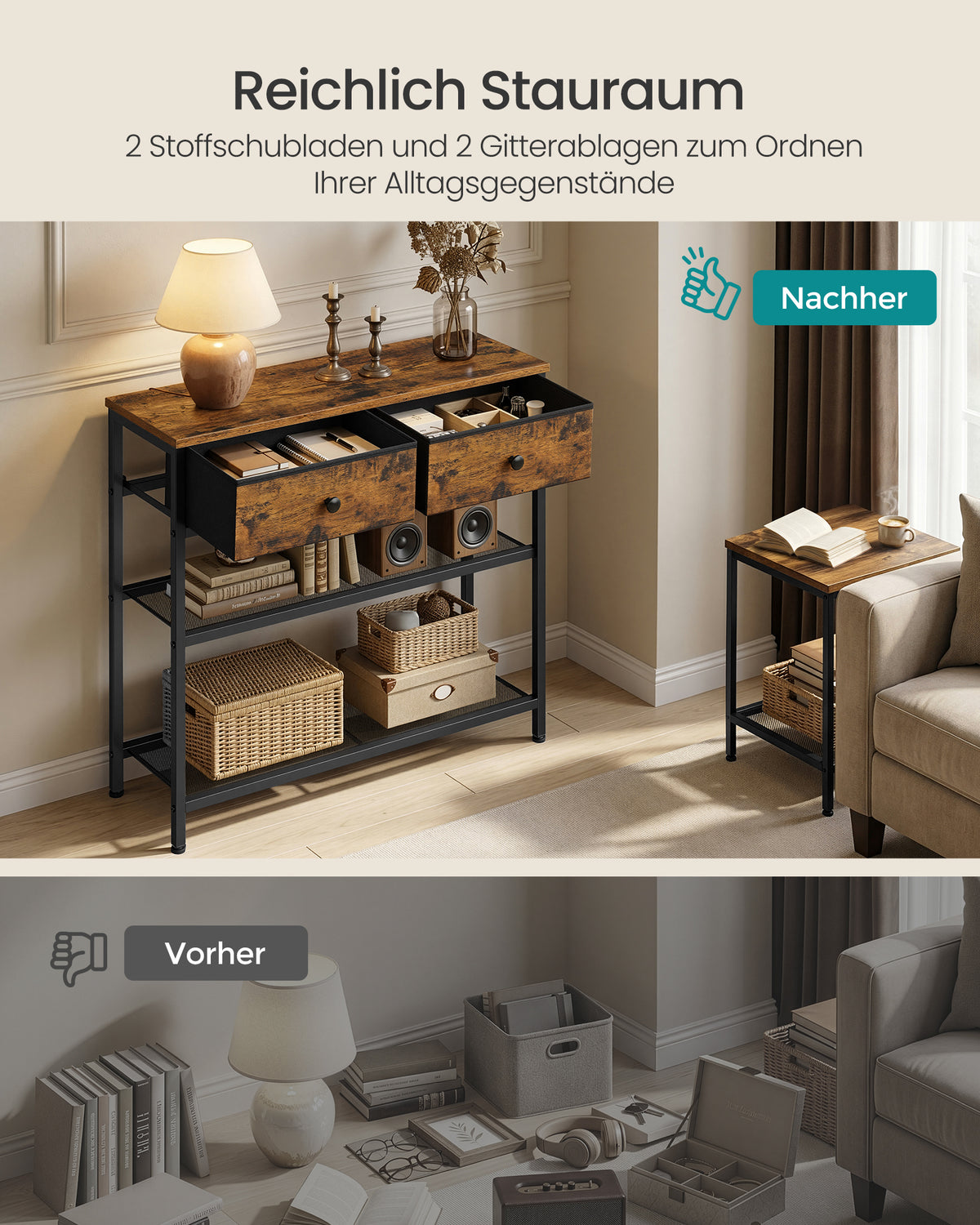 Schmaler Konsolentisch - Stahlrahmen Mit 3 Stoffschubladen - Für Flur Und Wohnzimmer