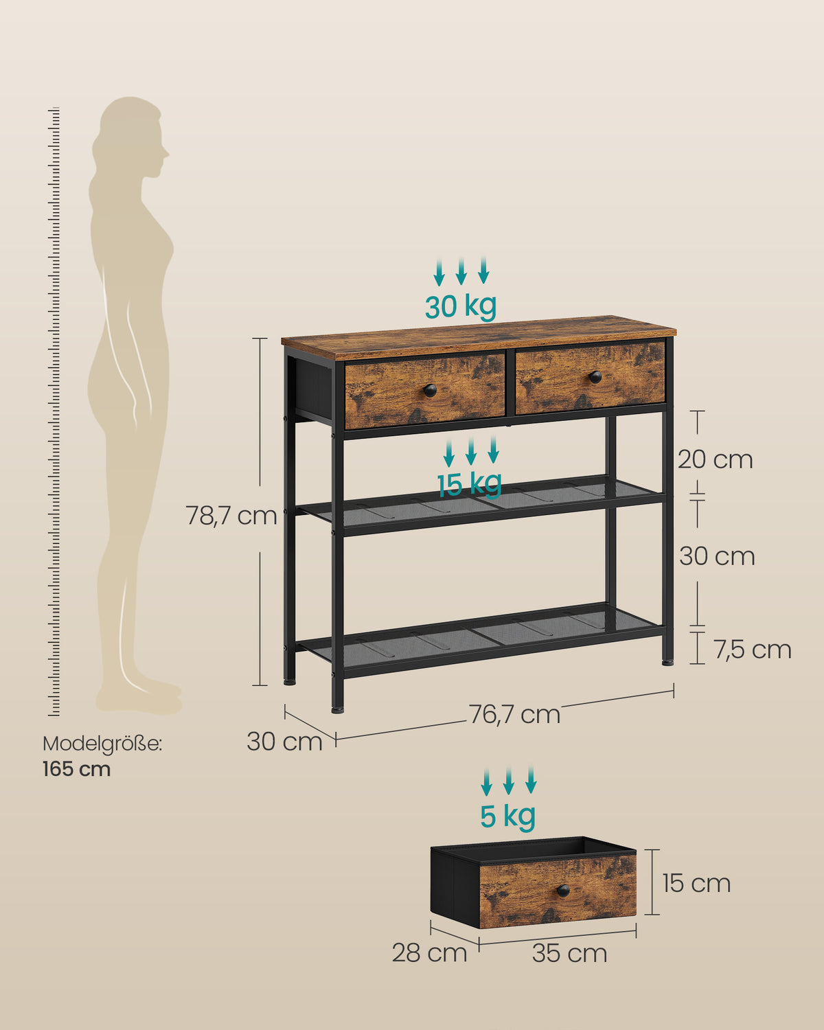 Schmaler Konsolentisch - Stahlrahmen Mit 3 Stoffschubladen - Für Flur Und Wohnzimmer