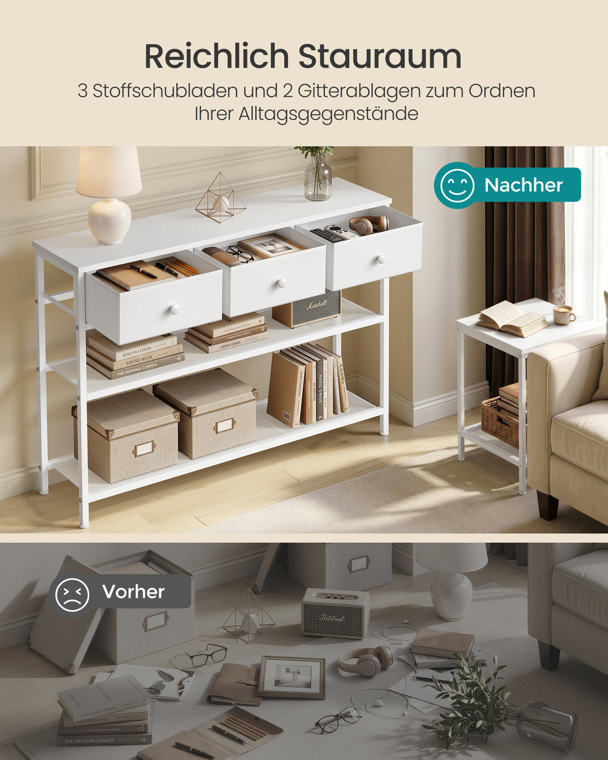 Schmaler Konsolentisch - Stahlrahmen Mit 3 Stoffschubladen - Für Flur Und Wohnzimmer