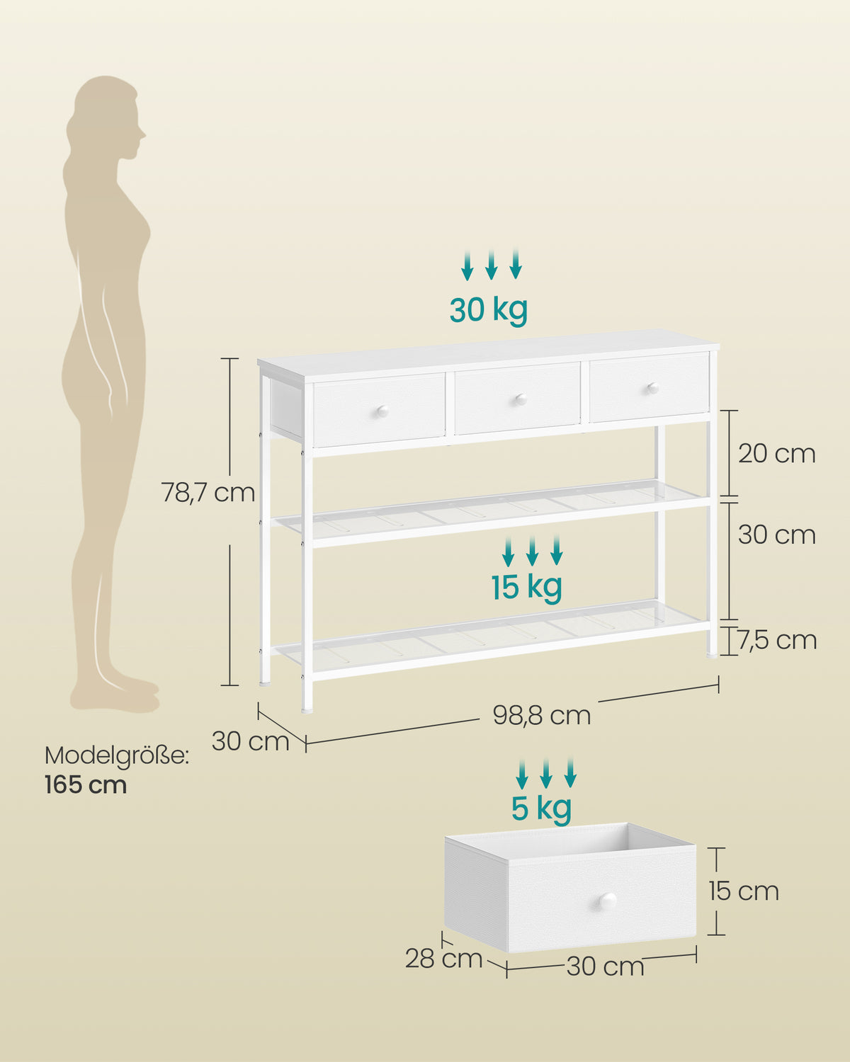 Schmaler Konsolentisch - Stahlrahmen Mit 3 Stoffschubladen - Für Flur Und Wohnzimmer