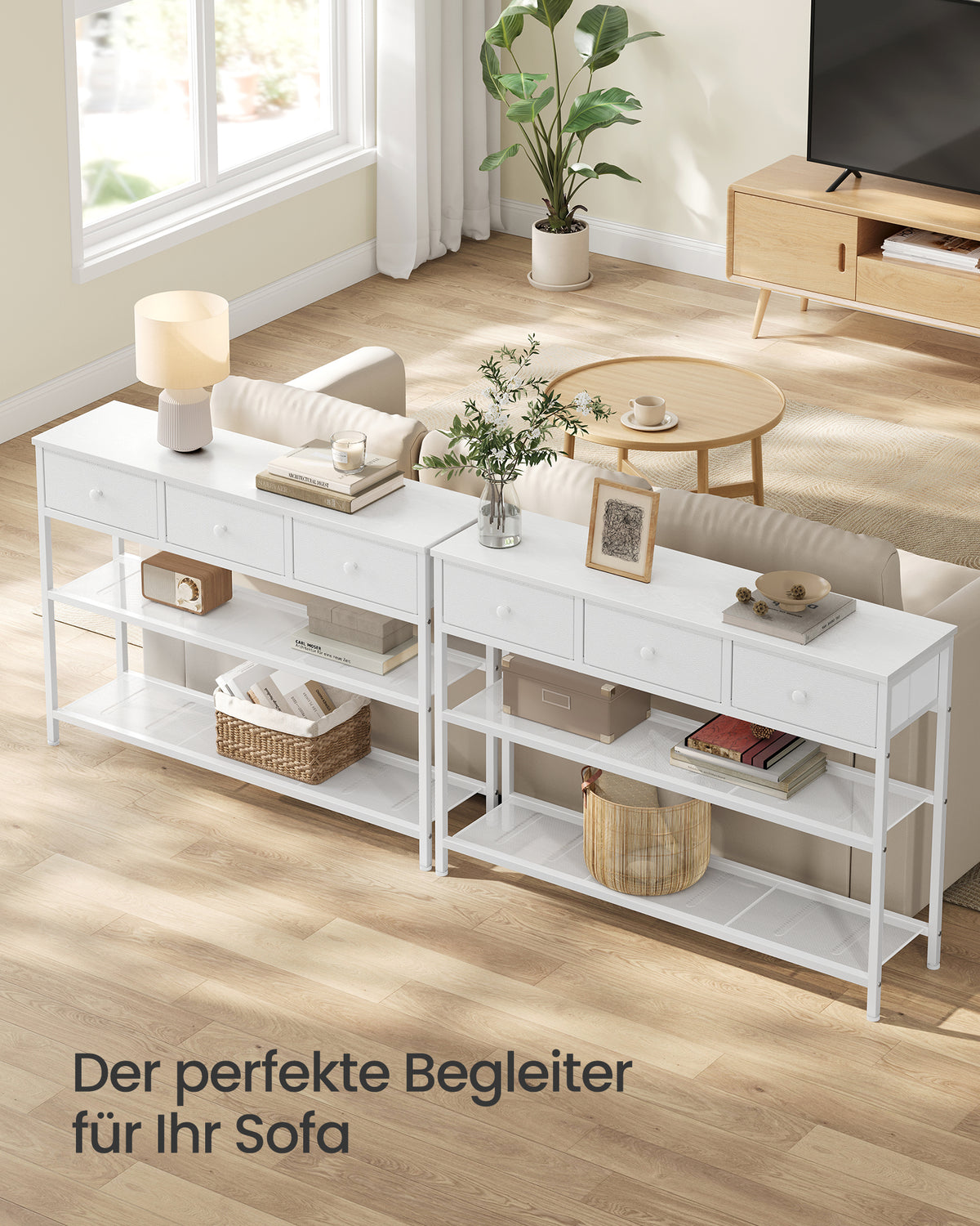 Schmaler Konsolentisch - Stahlrahmen Mit 3 Stoffschubladen - Für Flur Und Wohnzimmer