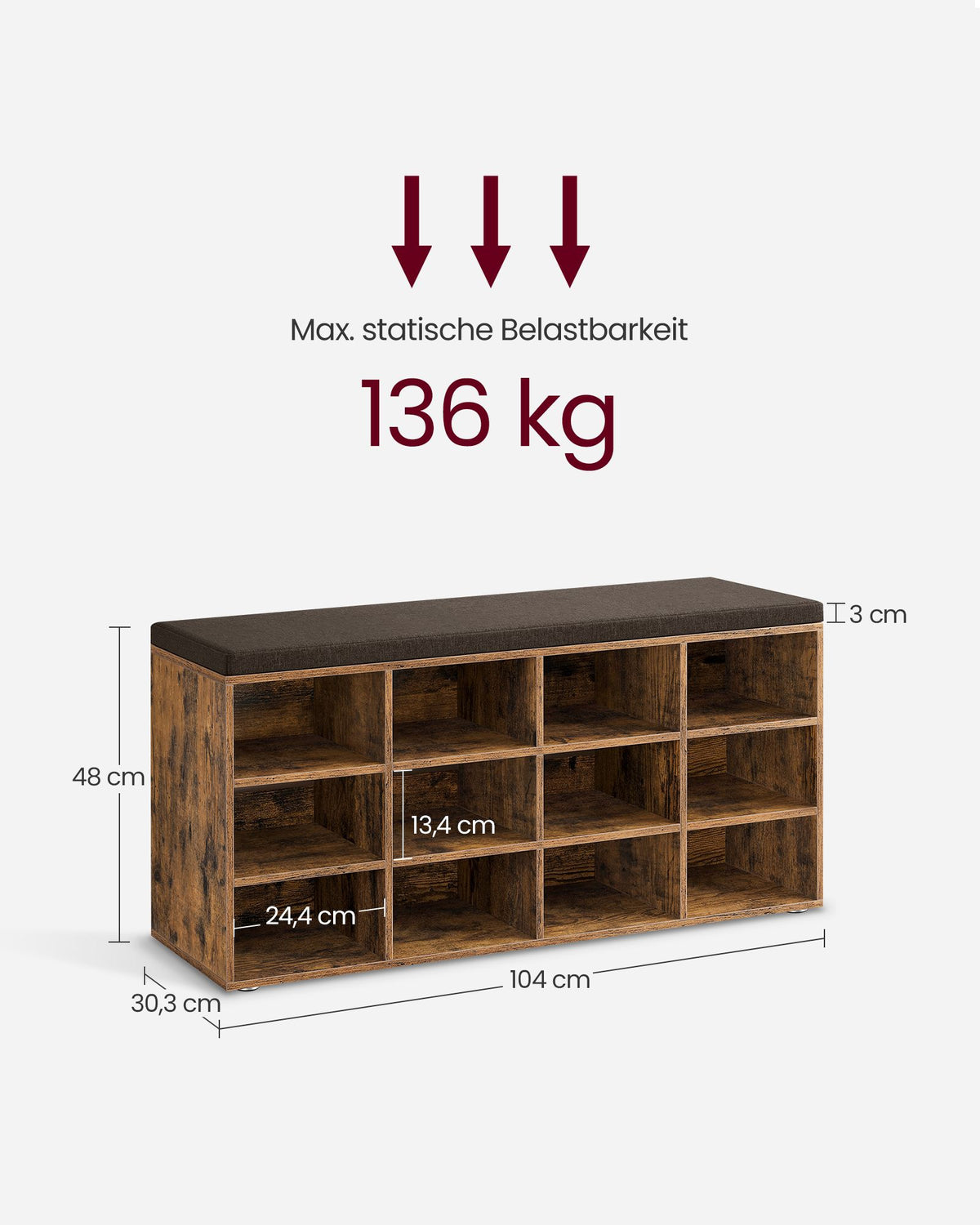 Aufbewahrungsboxen – Schuhbank mit Stauraum – 9 Fächer – Verstellbare Böden – 30,3 x 78,5 x 48 cm – Spanplatte – Schaumstoff – Leinenoptik-Bezug – Max. Belastbarkeit 136 kg