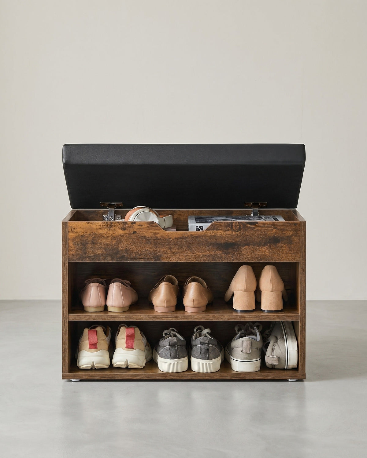 Truhenbank mit Sitzpolster – Schuhbank mit Klappe und Fächern – 60 cm – Multifunktional & Bequem