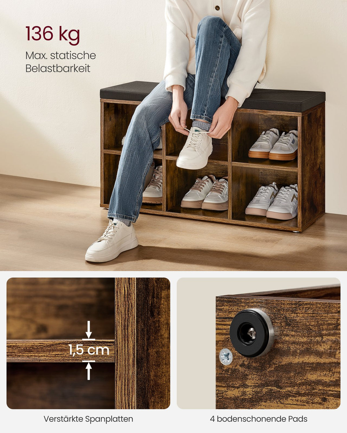 Aufbewahrungsboxen – Schuhbank mit Stauraum – 9 Fächer – Verstellbare Böden – 30,3 x 78,5 x 48 cm – Spanplatte – Schaumstoff – Leinenoptik-Bezug – Max. Belastbarkeit 136 kg
