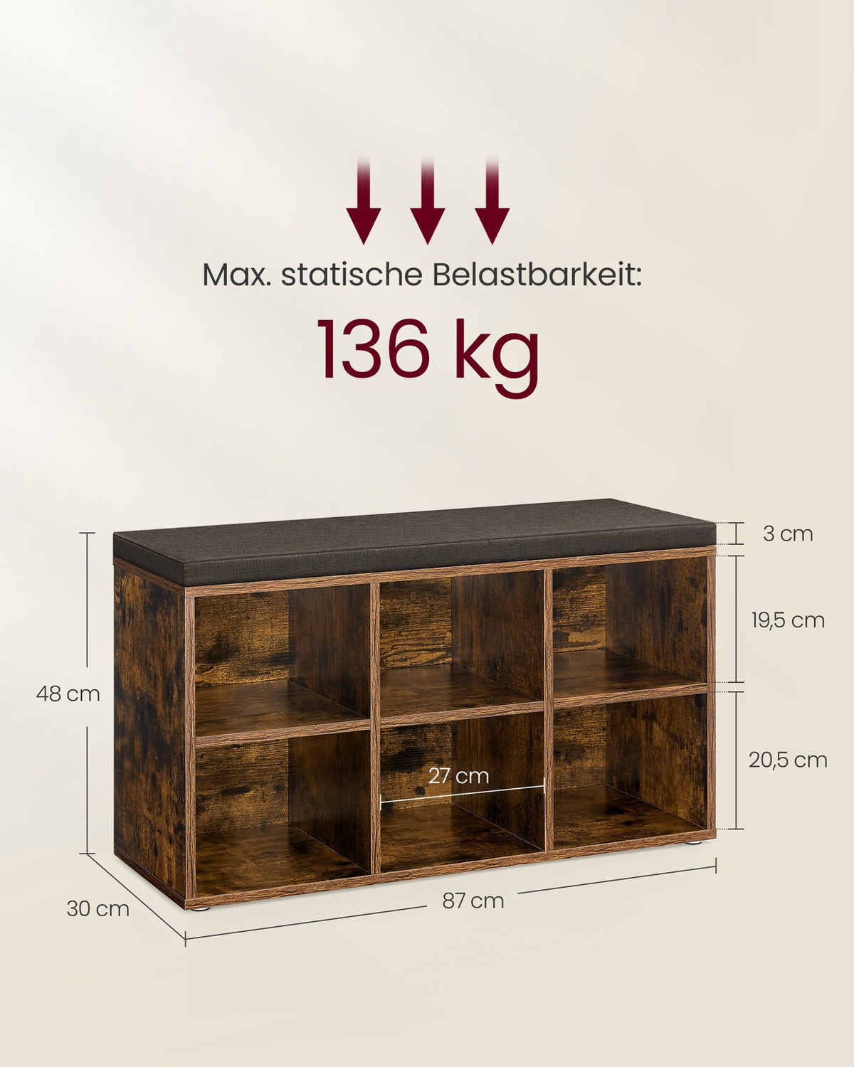 Aufbewahrungsboxen – Schuhbank mit Stauraum – 9 Fächer – Verstellbare Böden – 30,3 x 78,5 x 48 cm – Spanplatte – Schaumstoff – Leinenoptik-Bezug – Max. Belastbarkeit 136 kg