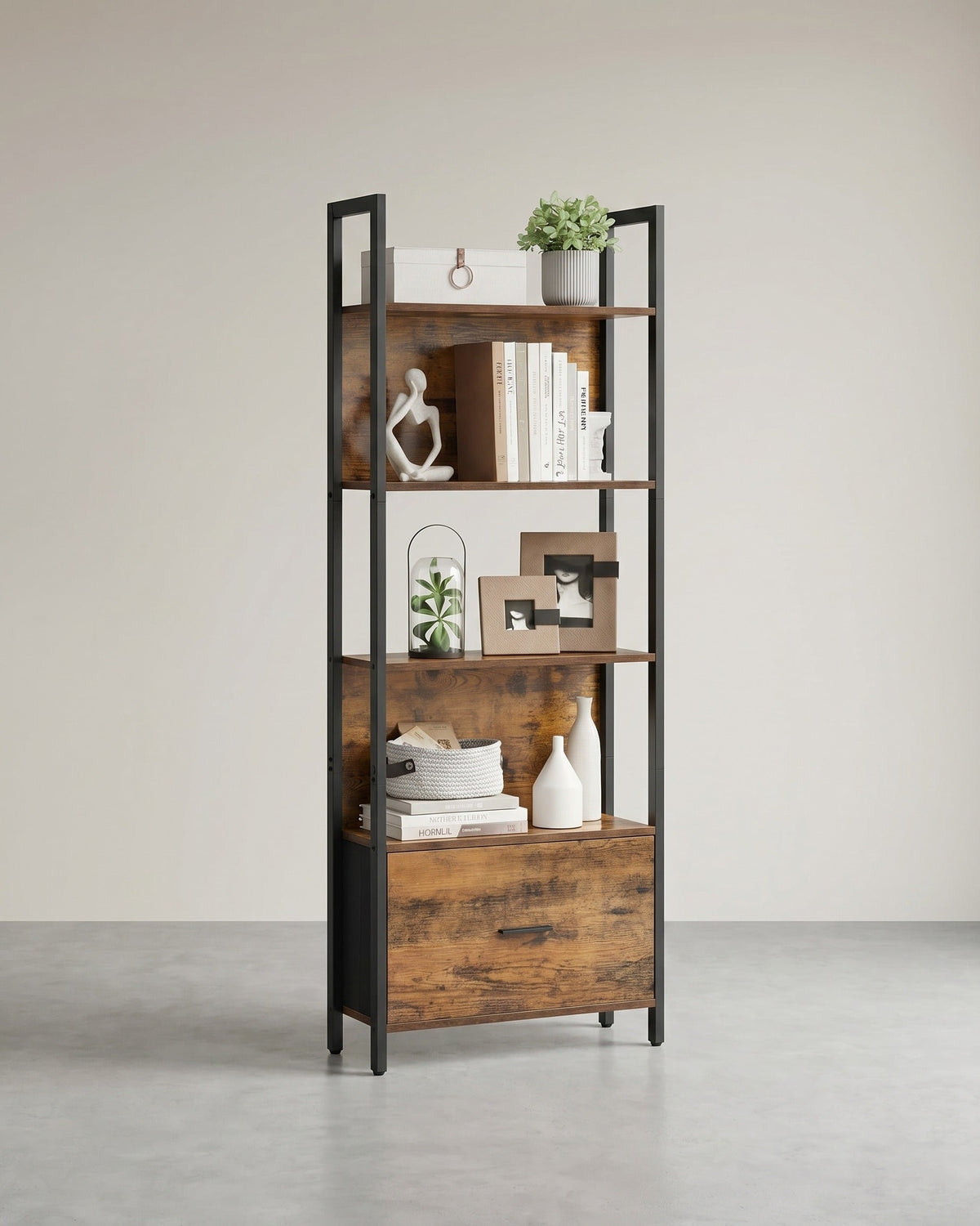 Bücherregal mit Schublade – Industrielles Leiterregal – Lagerschrank mit 5 Ebenen – 165 cm hoch