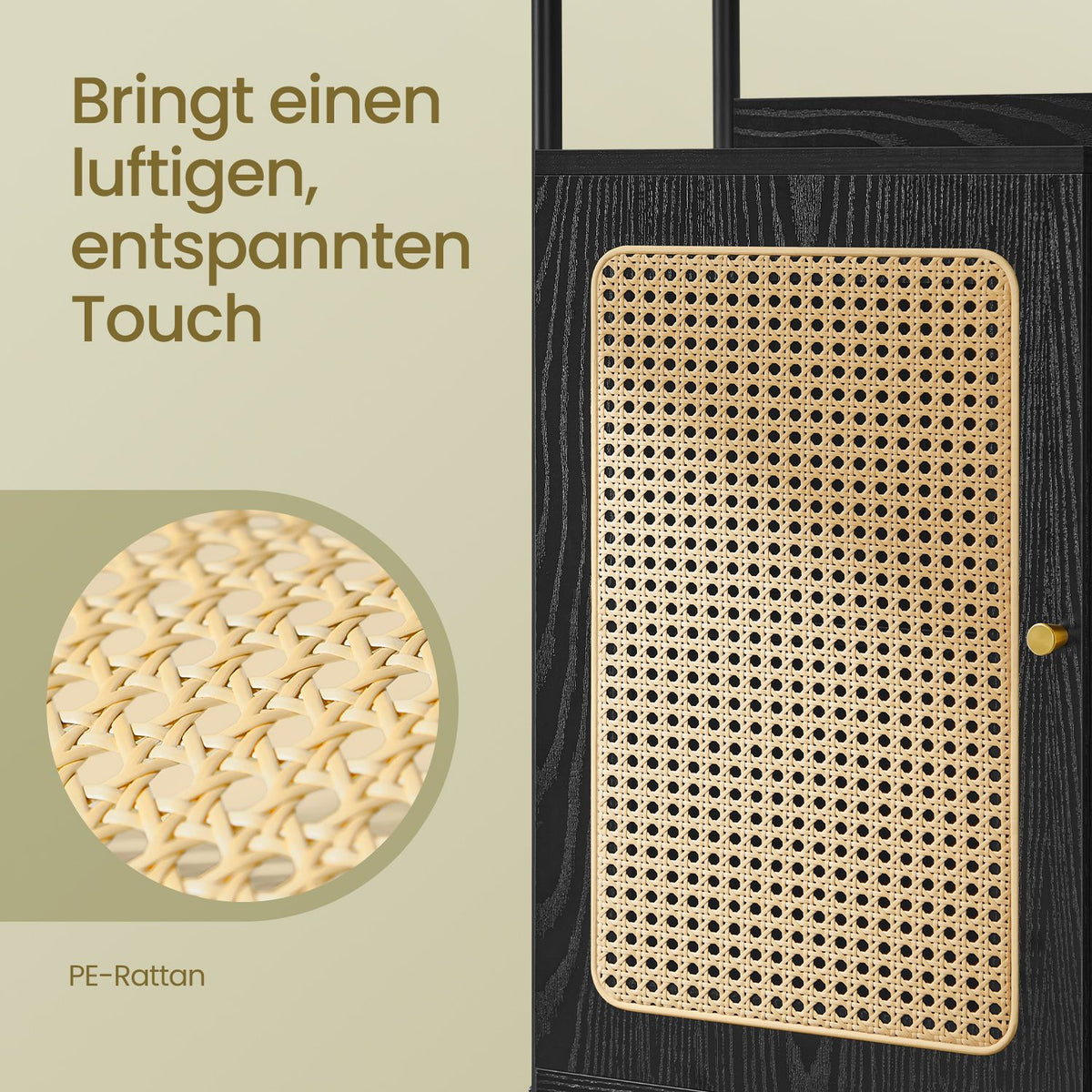 BOHO Bücherregal mit Rattantür – Schmales offenes Standregal – 174 cm hoch – Schwarzes Metall und Holz – Bis zu 60 kg belastbar