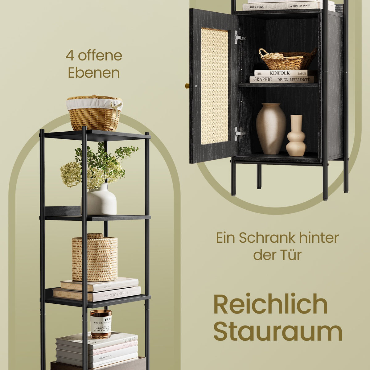 BOHO Bücherregal mit Rattantür – Schmales offenes Standregal – 174 cm hoch – Schwarzes Metall und Holz – Bis zu 60 kg belastbar