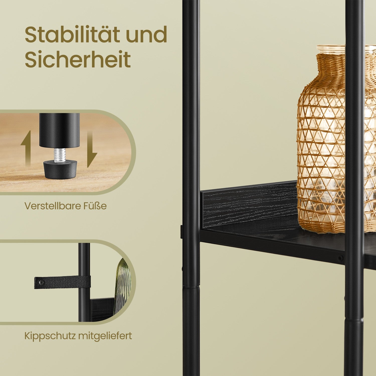 BOHO Bücherregal mit Rattantür – Schmales offenes Standregal – 174 cm hoch – Schwarzes Metall und Holz – Bis zu 60 kg belastbar