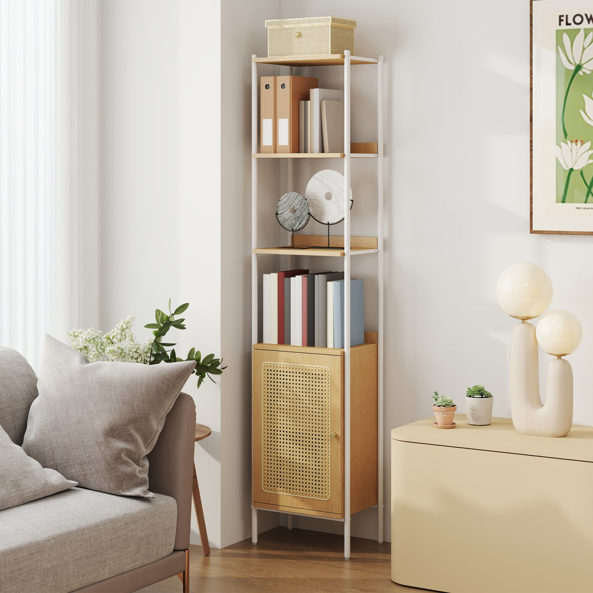 BOHO Bücherregal mit Rattantür – Schmales offenes Standregal – 174 cm hoch – Schwarzes Metall und Holz – Bis zu 60 kg belastbar