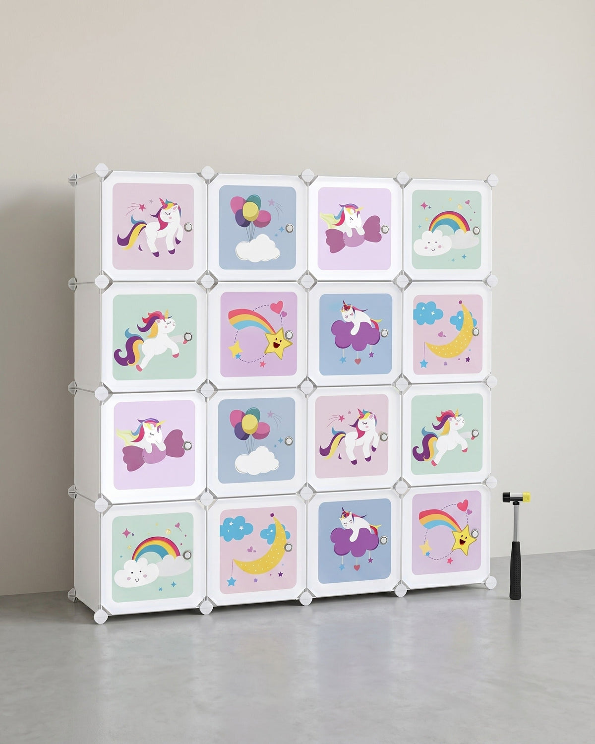 Kinder Bücherregal mit 16 Würfeln – Aufbewahrungsschrank mit Türen – 123 x 31 x 123 cm – Märchendesign