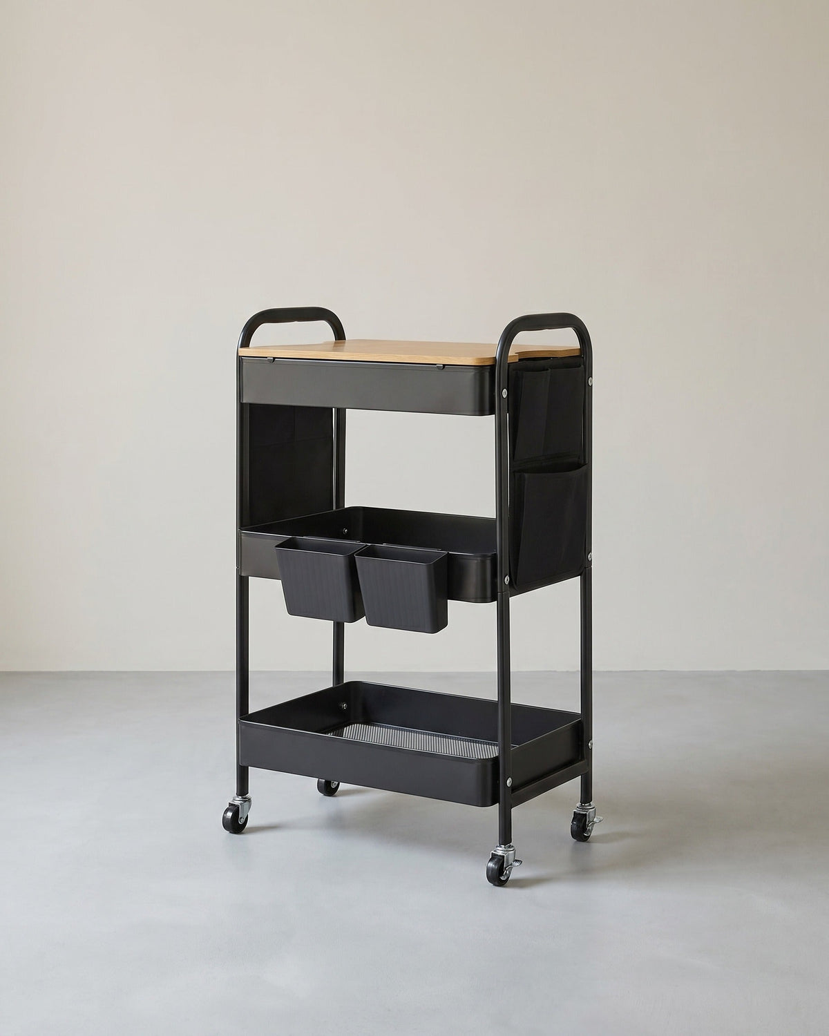 Servierwagen – 3 Drahtablagen – 2 abnehmbare Hängekörbe – Stahl – 30,6 x 44,3 x 74,2 cm – 3,8 kg – Tragkraft 30 kg