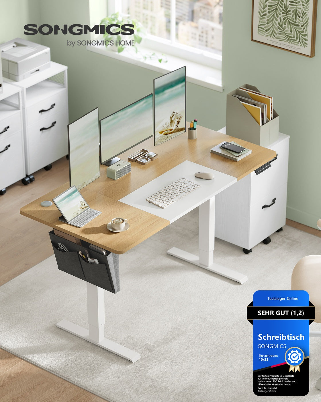 Komplettes Arbeitsplatz-Budget – Elektrischer Sitz-Steh-Schreibtisch + ergonomischer Bürostuhl – Höhenverstellbarer Schreibtisch – Heimarbeitsplatz