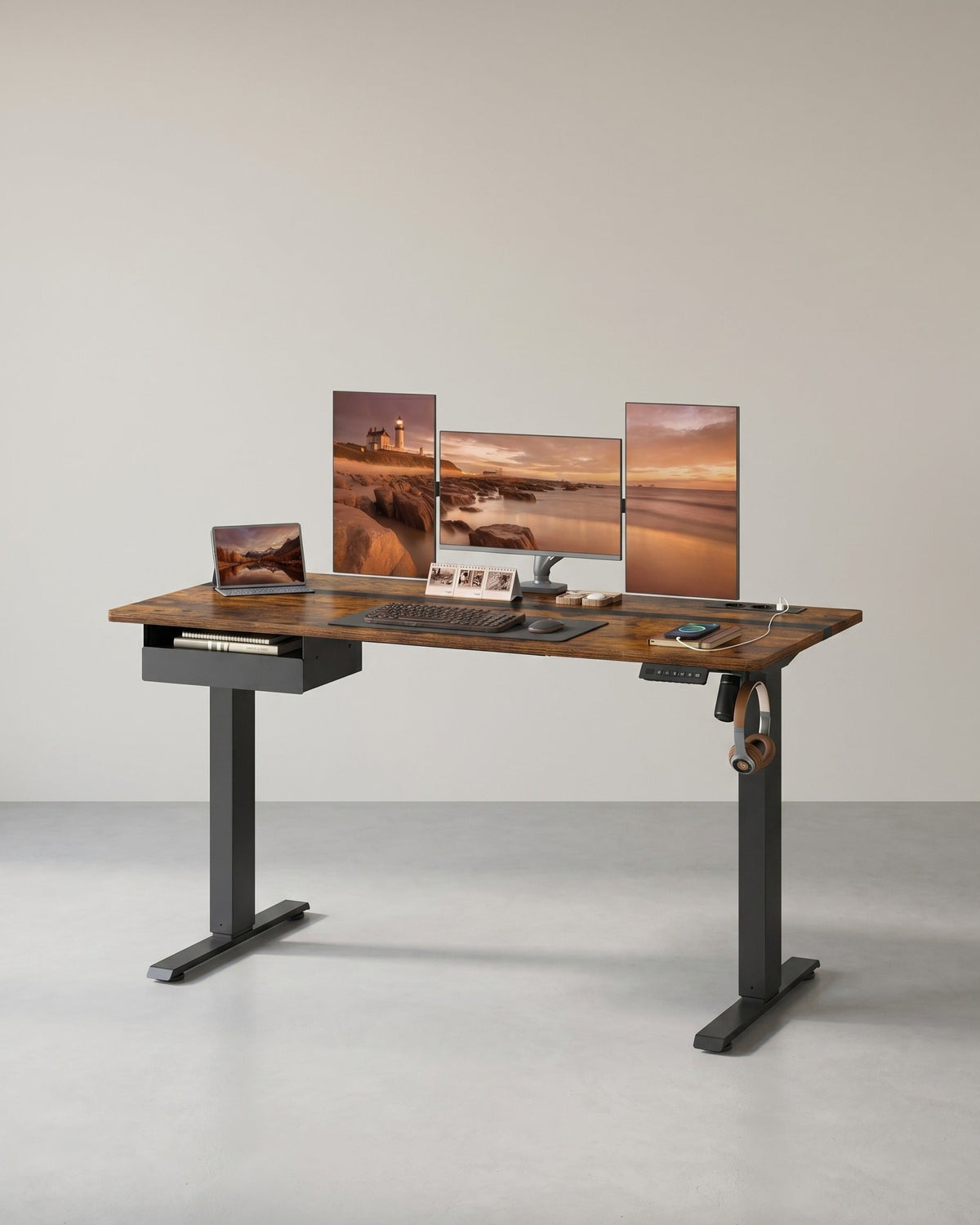 Elektrischer Stehschreibtisch mit Steckdose - Memory-Funktion - mit Schublade und Haken - Home Office