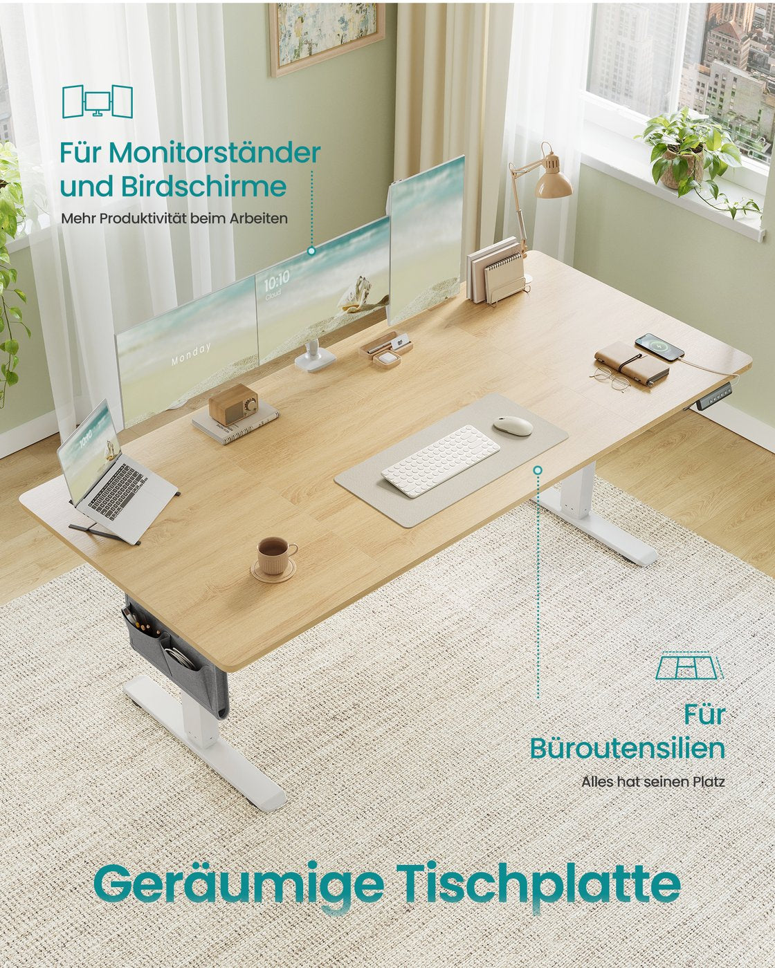 Elektrisch höhenverstellbarer Schreibtisch – 4 Speicherplätze – USB-C-Schnellladefunktion – 120 bis 180 x 80 cm
