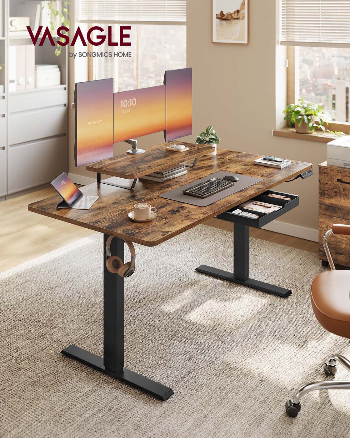 Elektrisch verstellbarer Schreibtisch – Mit Monitorständer – 140 oder 160 cm Tischplatte – USB-C & Memory-Funktion