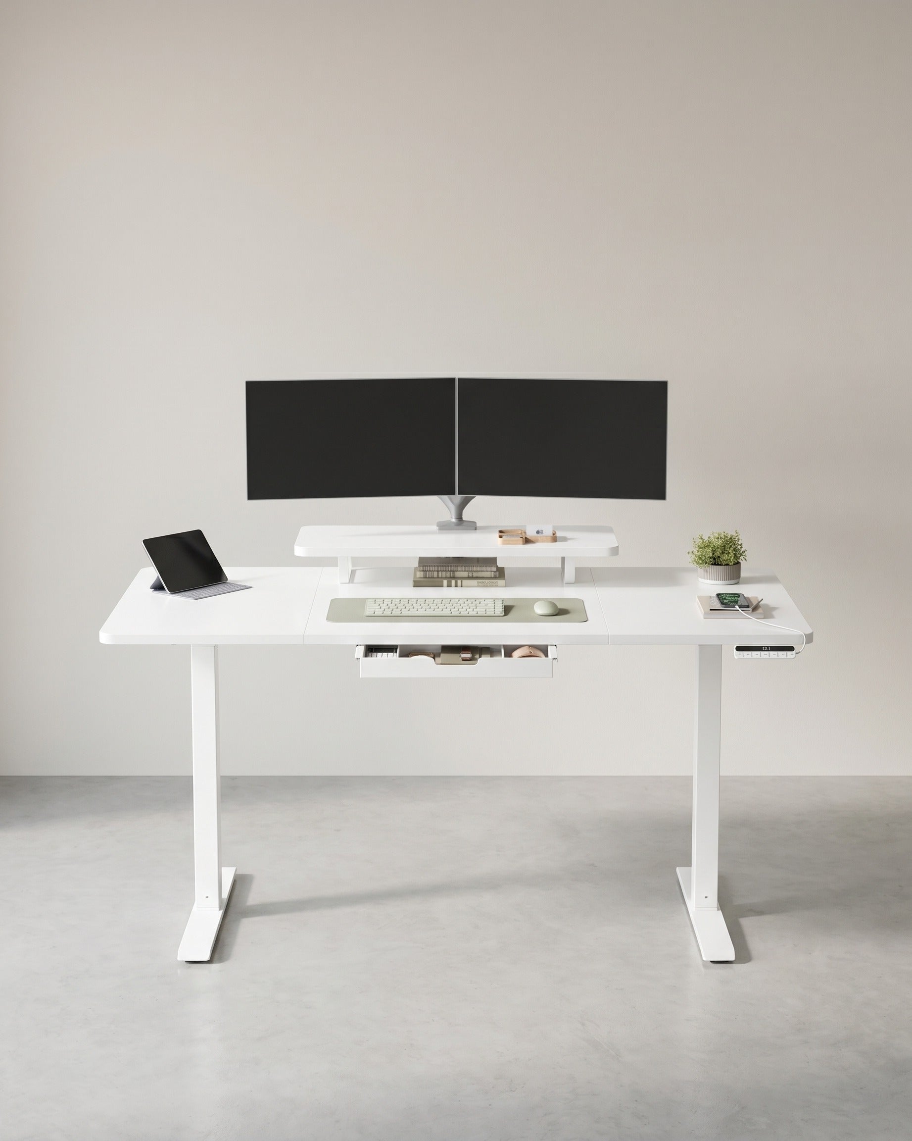 Elektrisch höhenverstellbarer Schreibtisch – mit Monitorständer – 140 oder 160 cm Tischplatte – USB-C-Anschluss und Speicherfunktion