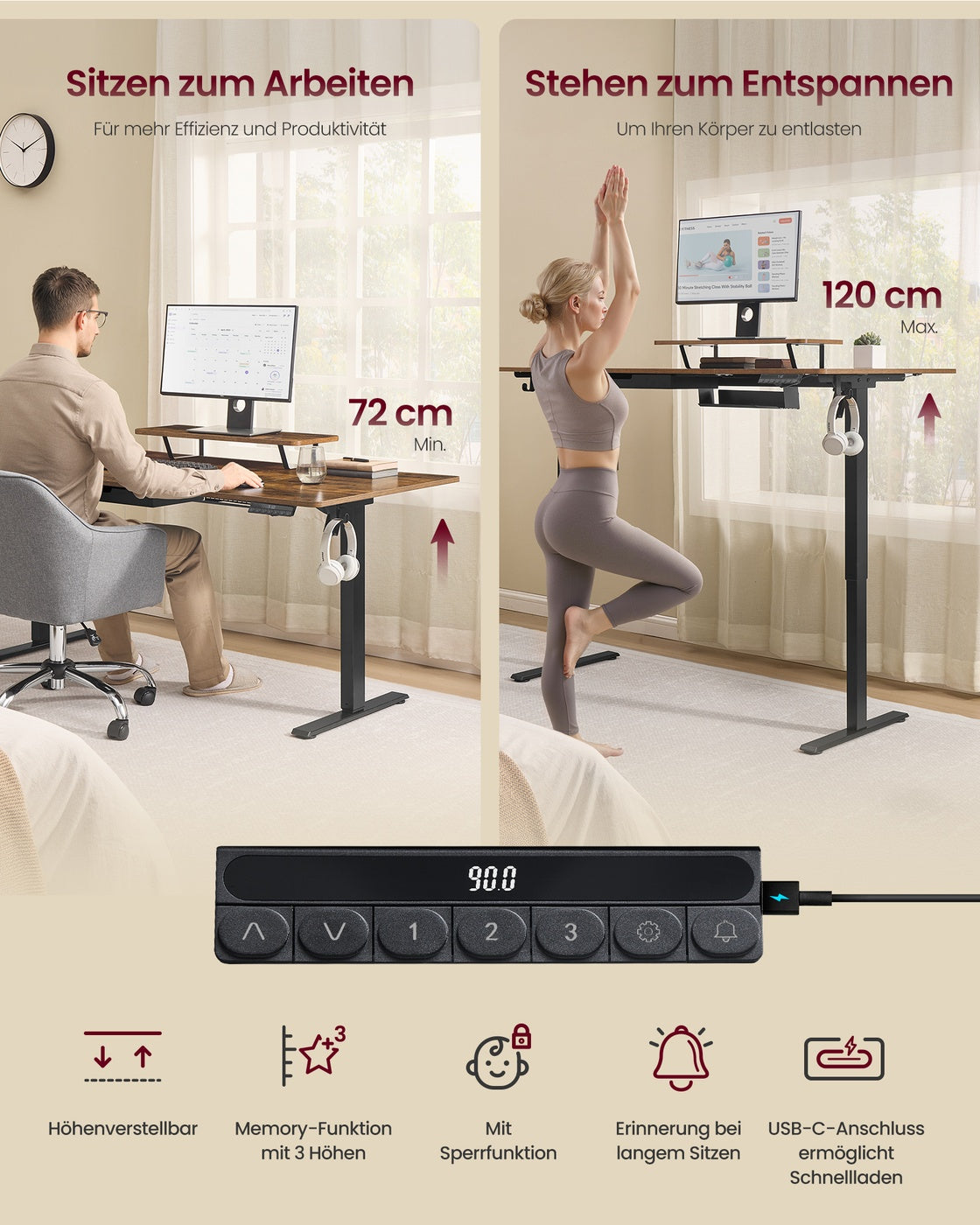 Elektrisch verstellbarer Schreibtisch – Mit Monitorständer – 140 oder 160 cm Tischplatte – USB-C & Memory-Funktion
