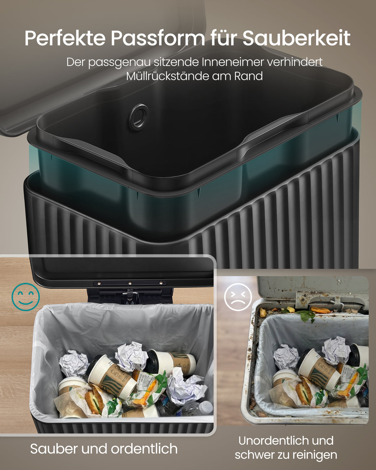 Küchenmülleimer – 50 Liter – Treteimer mit Soft-Close-Deckel – Inneneimer aus Stahl – Inklusive 15 Müllbeuteln