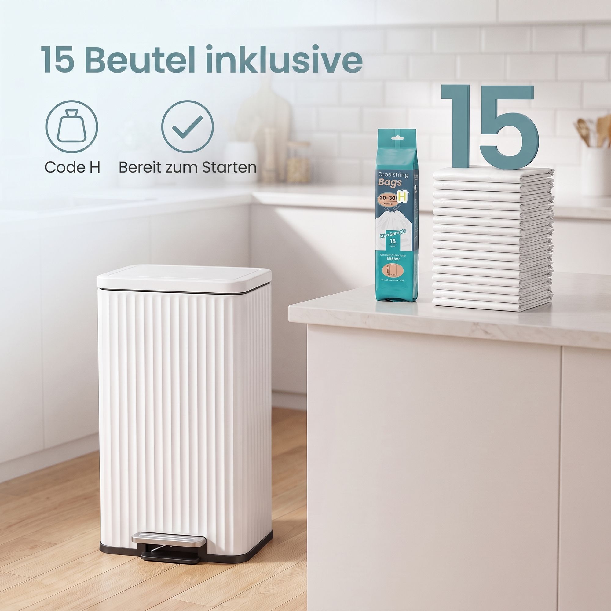 Küchenmülleimer – 50 Liter – Treteimer mit Soft-Close-Deckel – Inneneimer aus Stahl – Inklusive 15 Müllbeuteln