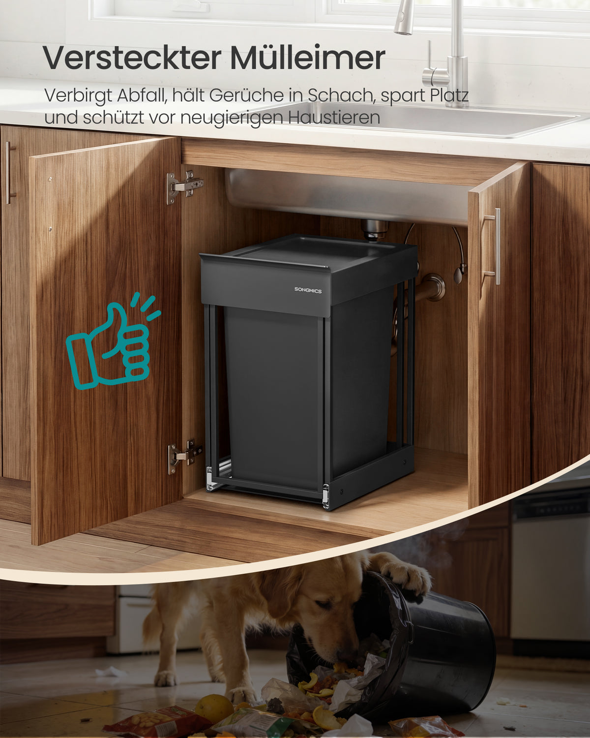 Ausziehbarer, integrierter Abfallbehälter – 2 Fächer – Soft-Close-Funktion – Abfalltrennung