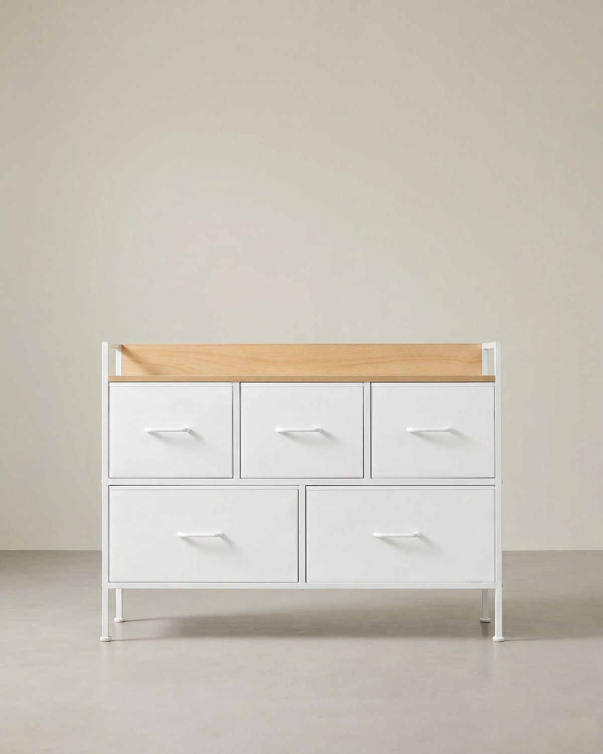 Kommode mit 5 Stoffschubladen – Schrank für Schlaf- oder Wohnzimmer – mit Seitenleisten und erhöhtem Rand – 98 cm breit