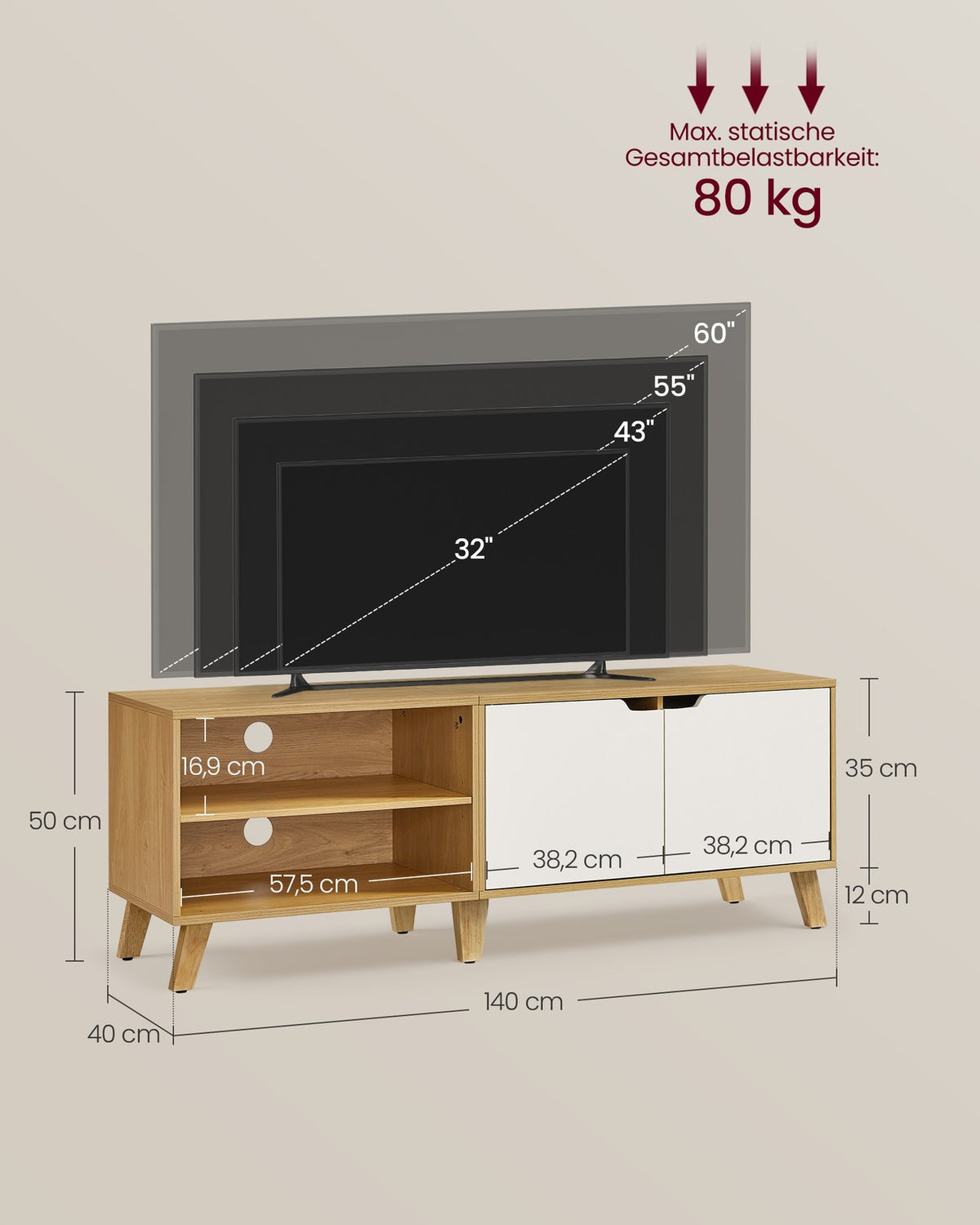 TV-Möbel – 1 oder 2 Türen – 120 oder 140 cm Breit – Skandinavisch – mit Offenem Fach
