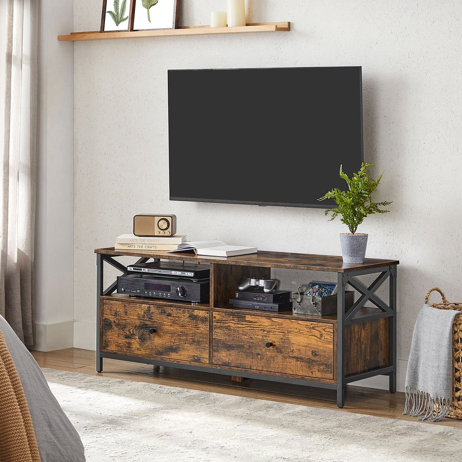 TV-Möbel - Industriell mit X-Gestell - Offene Fächer und Schubladen - 120, 147 oder 178 cm Breit