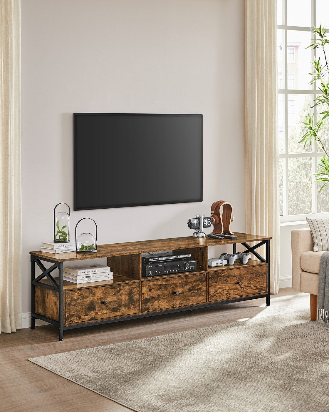 TV-Möbel - Industriell mit X-Gestell - Offene Fächer und Schubladen - 120, 147 oder 178 cm Breit
