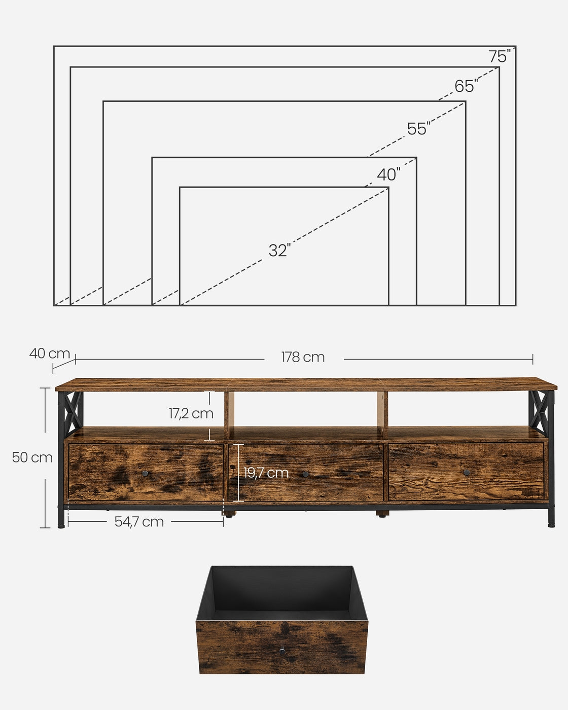 TV-Möbel - Industriell mit X-Gestell - Offene Fächer und Schubladen - 120, 147 oder 178 cm Breit