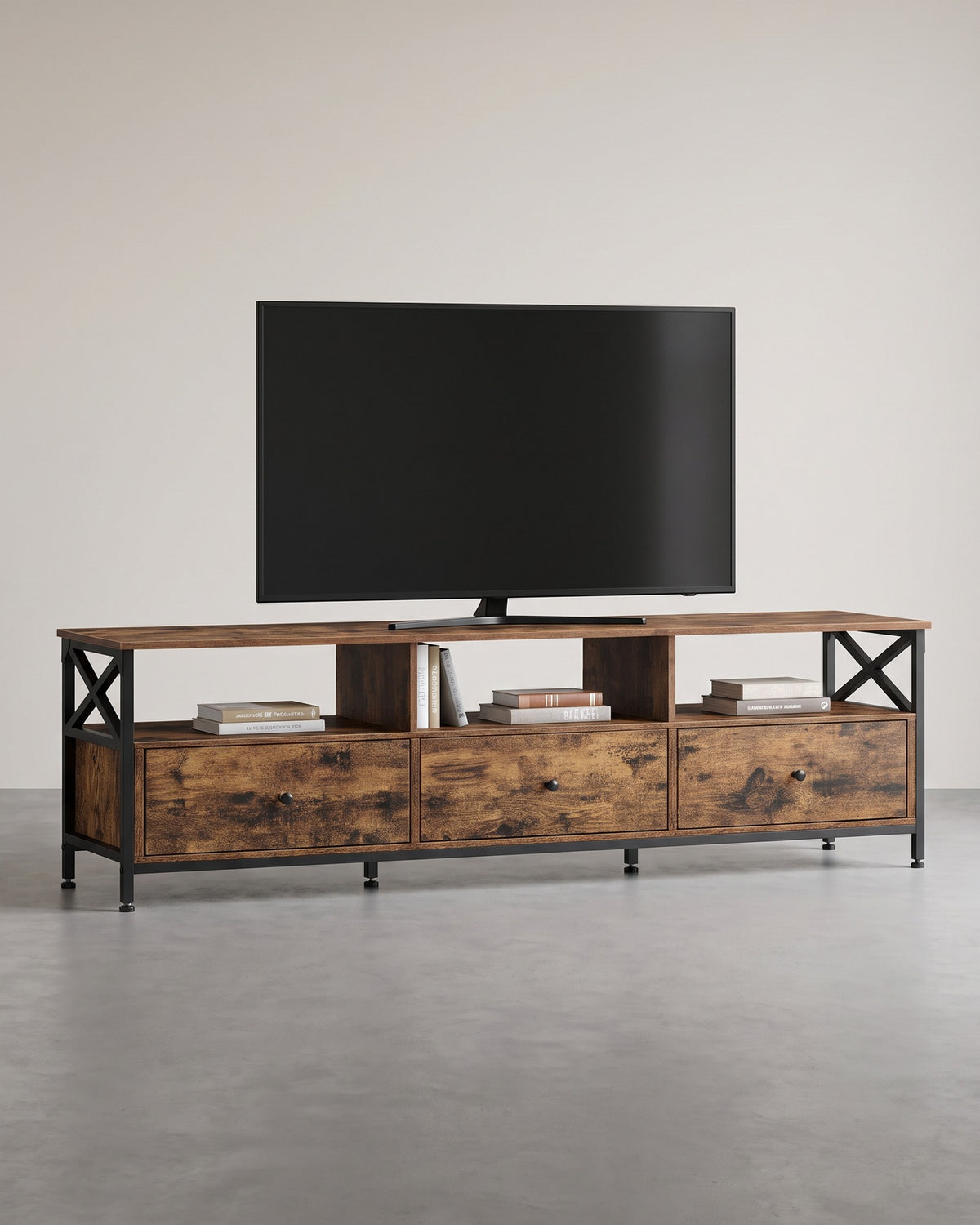 TV-Möbel - Industriell mit X-Gestell - Offene Fächer und Schubladen - 120, 147 oder 178 cm Breit
